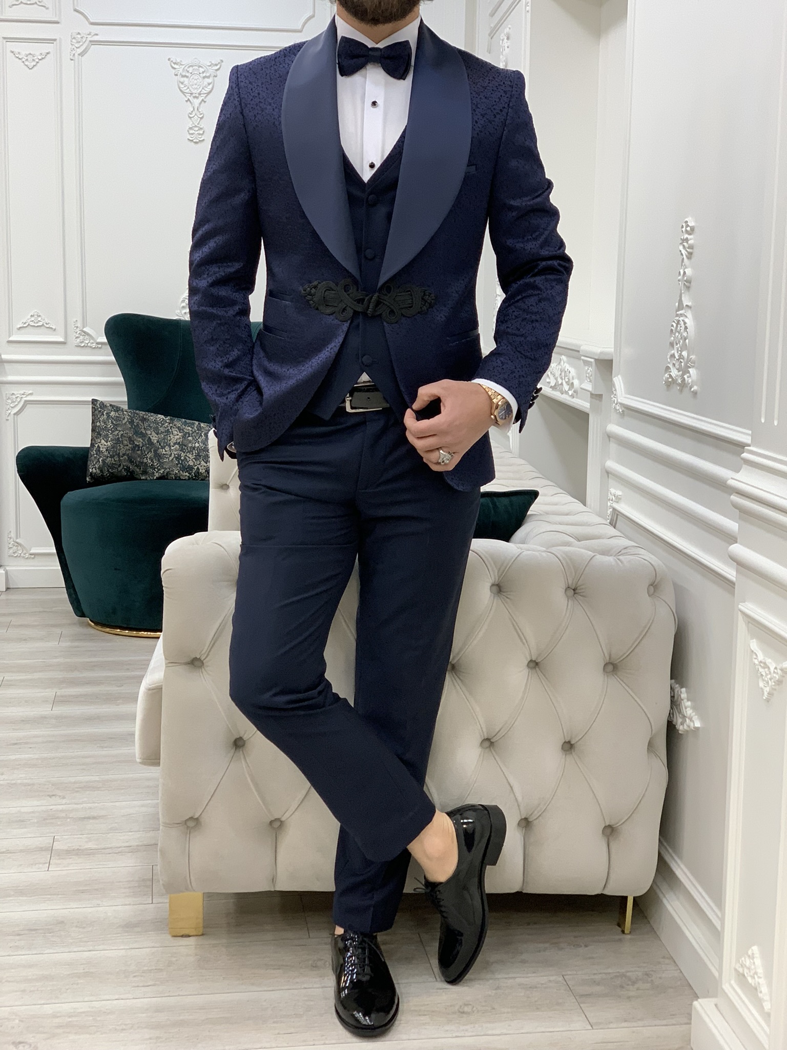 Slim Fit Bräutigamanzug, Smoking, Jacke, Weste, Hose, Fliege – Marineblau