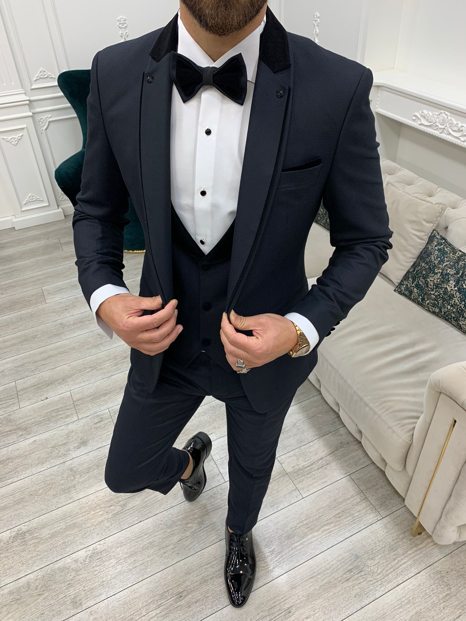 Slim Fit Groom Suit Tuxedo Jacket Vest Trousers Bow Tie - Dark Navy Blue