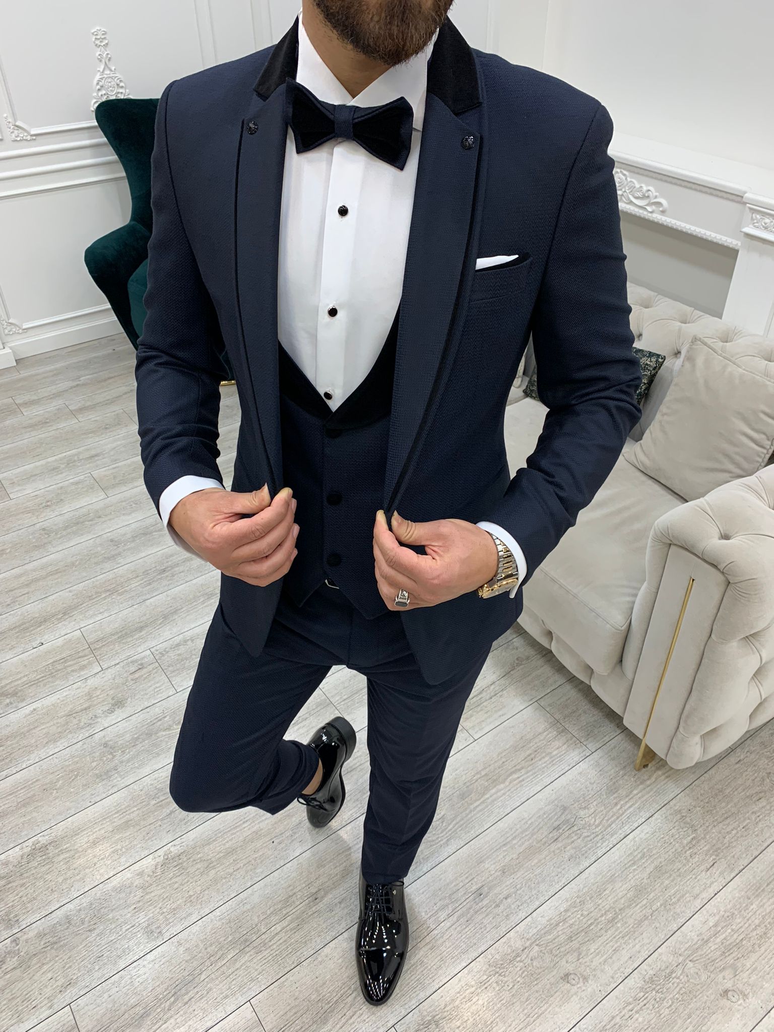 Slim Fit Groom Suit Tuxedo Jacket Vest Trousers Bow Tie - Navy Blue
