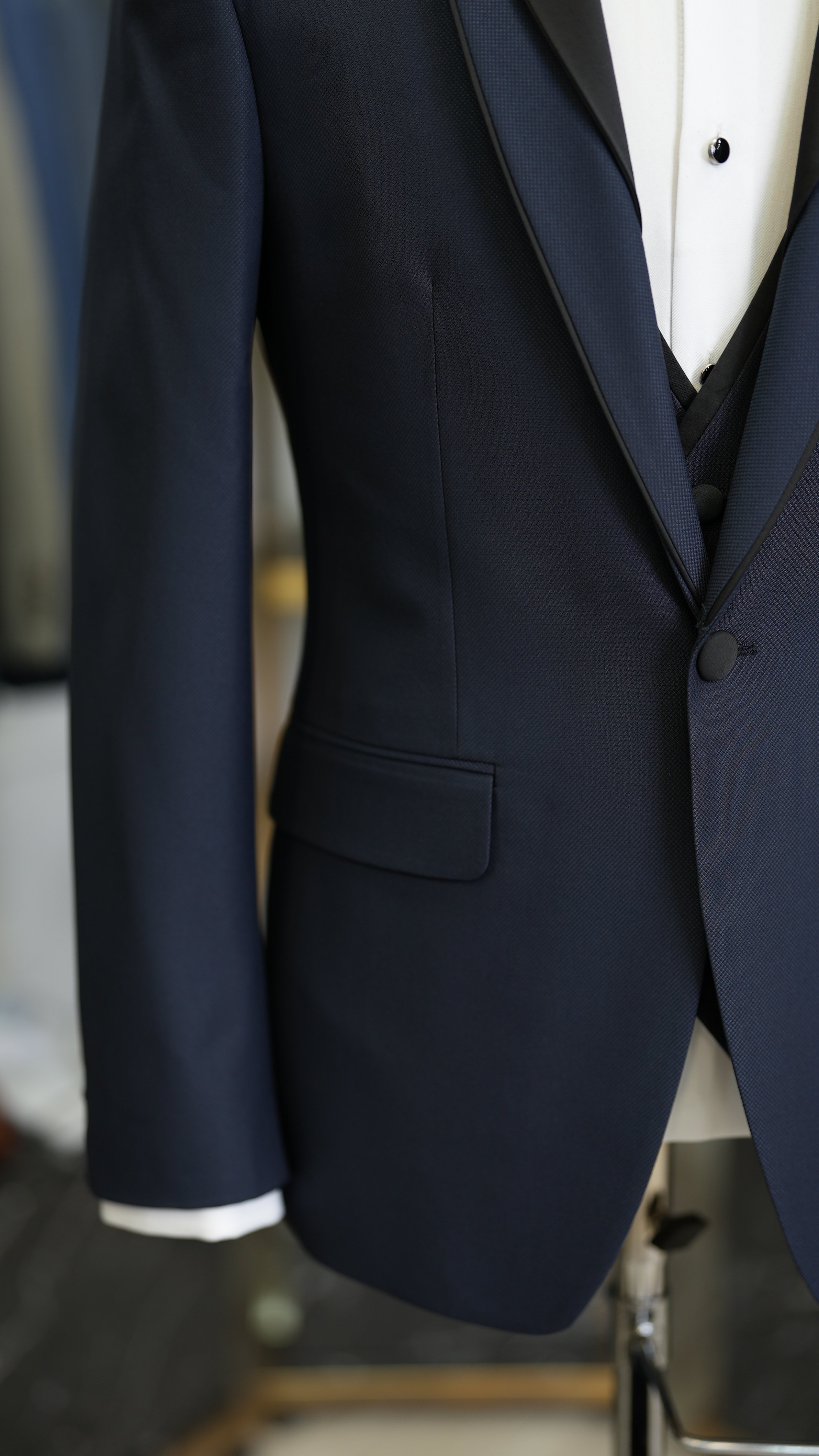 Slim Fit Damatlık Smokin Ceket Yelek Pantolon Papyon-Lacivert