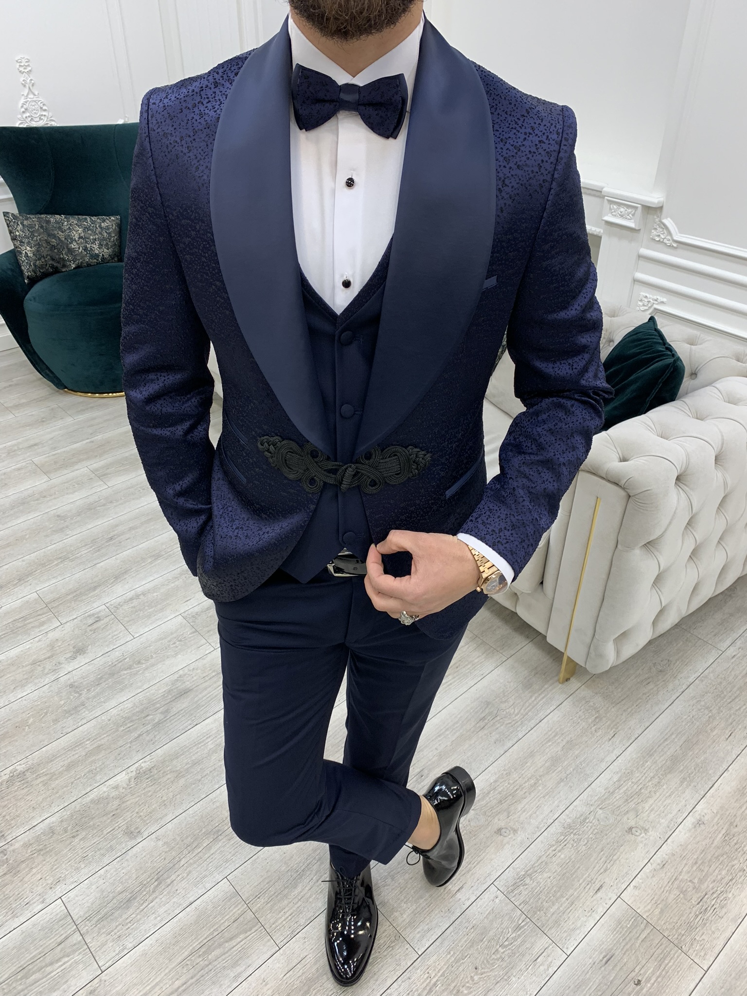 Slim Fit Bräutigamanzug, Smoking, Jacke, Weste, Hose, Fliege – Marineblau