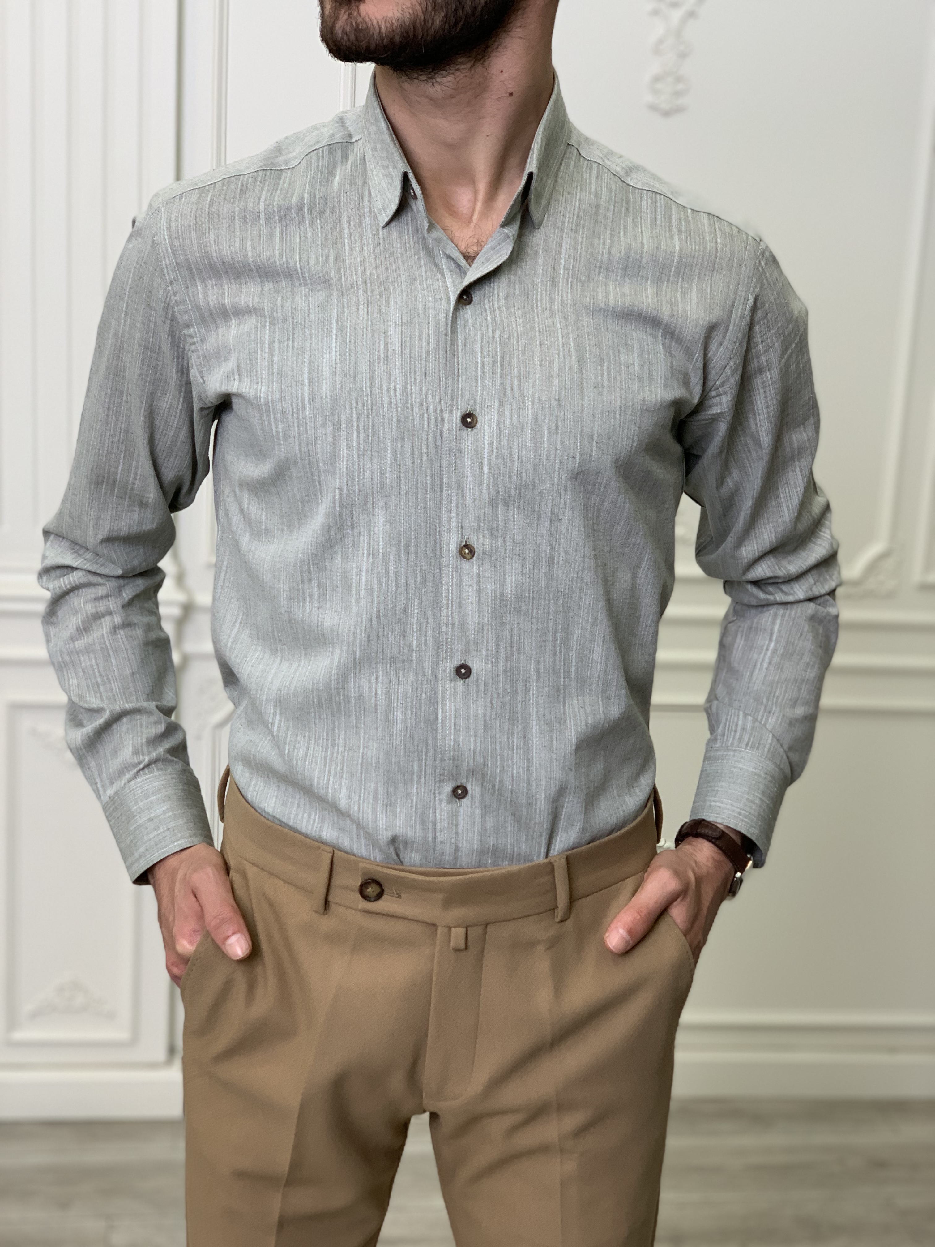 Slim Fit İtalyan Kesim Erkek Gömlek-Açık Yeşil