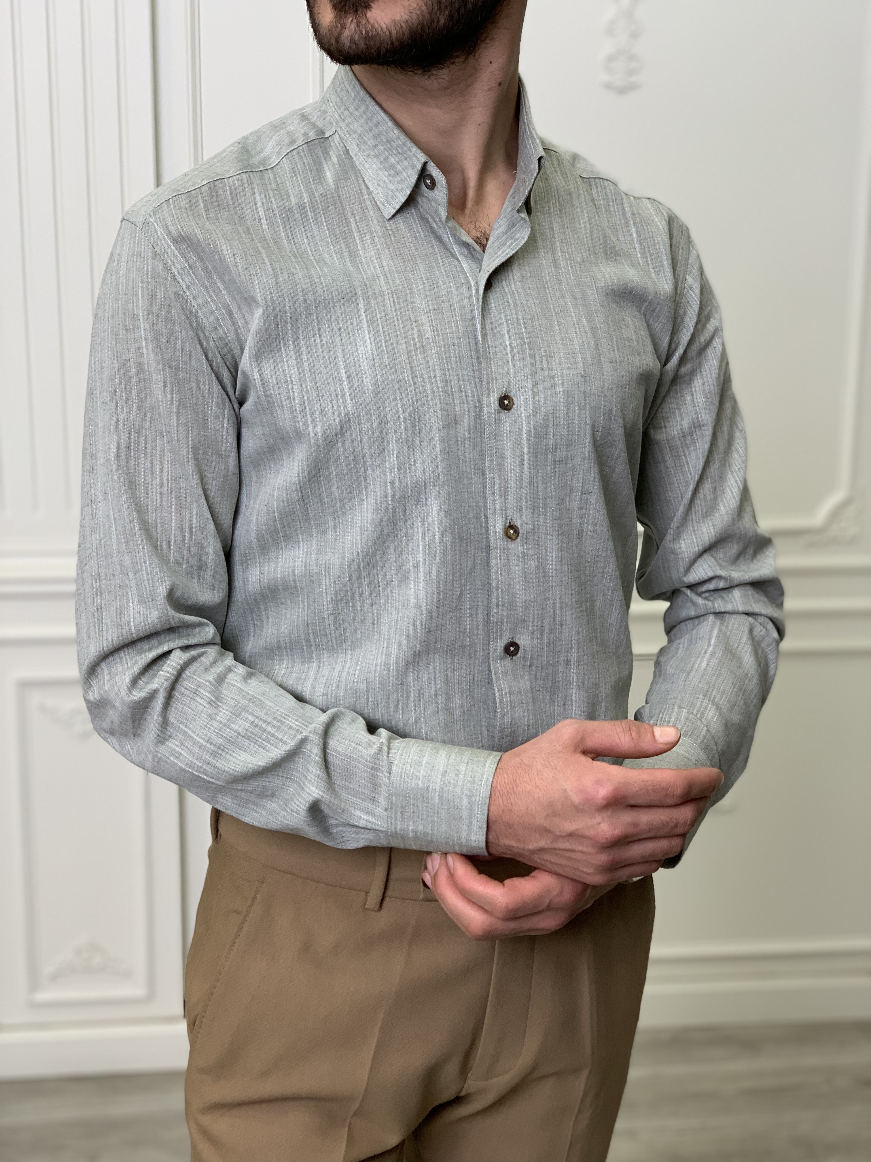 Slim Fit İtalyan Kesim Erkek Gömlek-Açık Yeşil