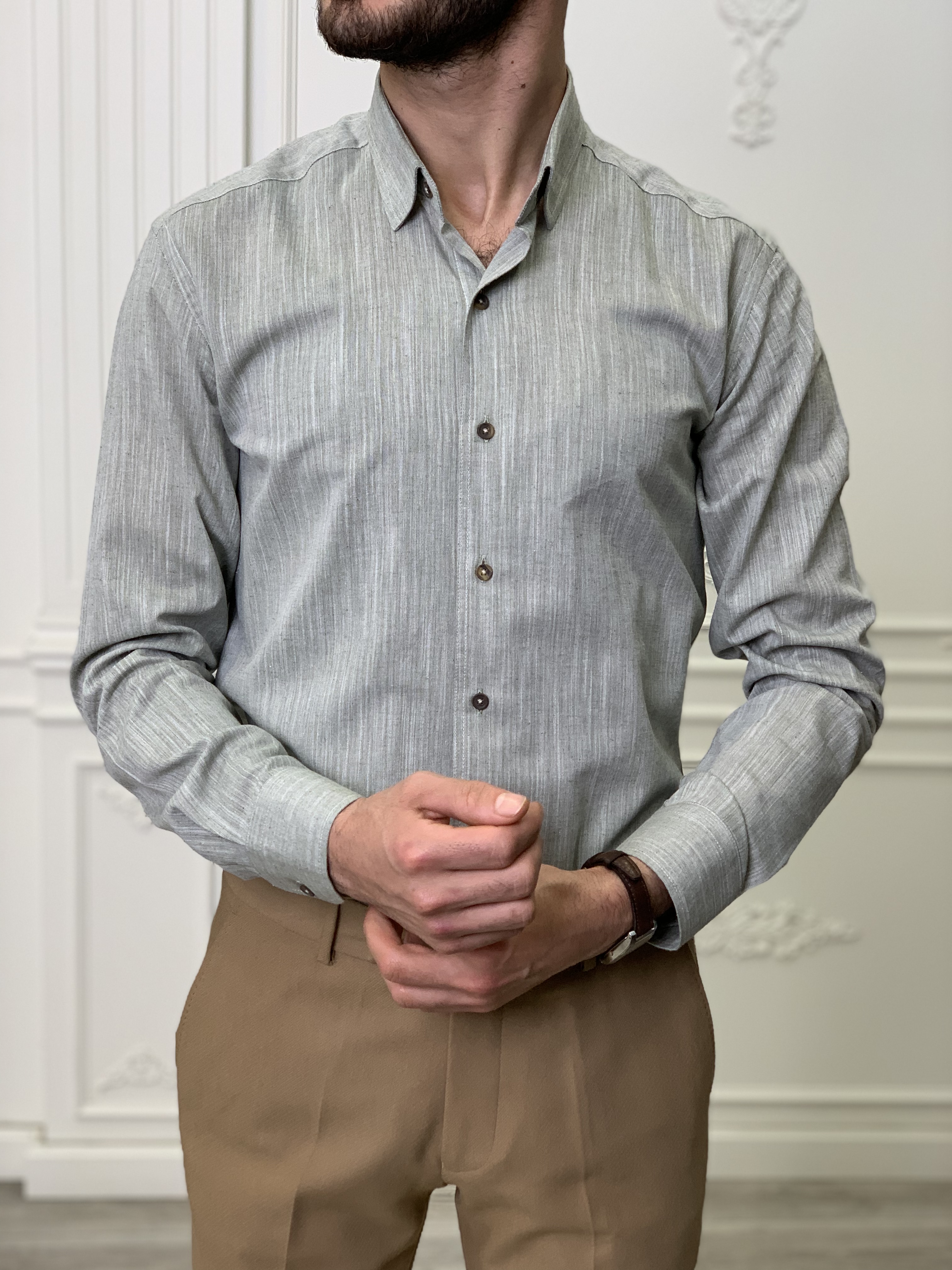 Slim Fit İtalyan Kesim Erkek Gömlek-Açık Yeşil