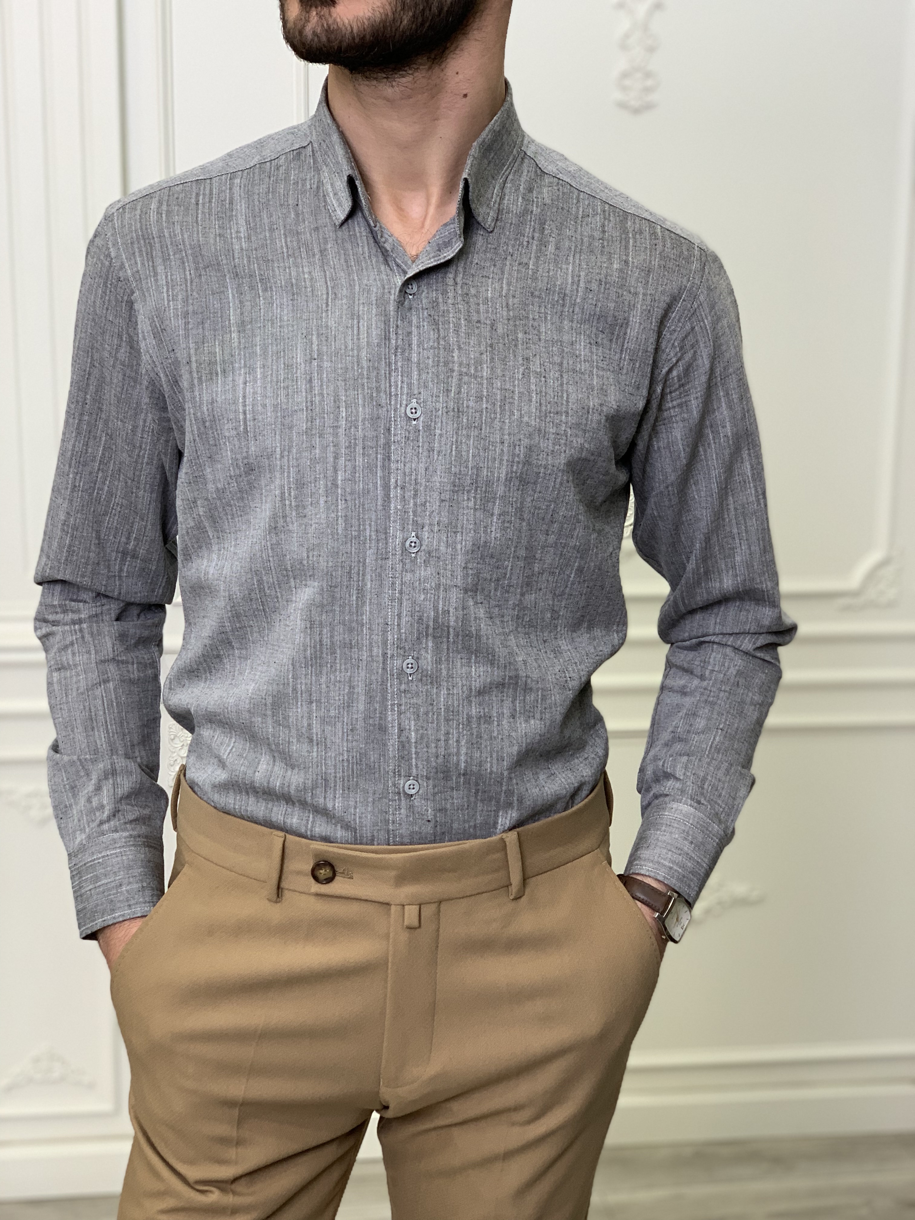 Slim Fit İtalyan Kesim Erkek Gömlek-Gri