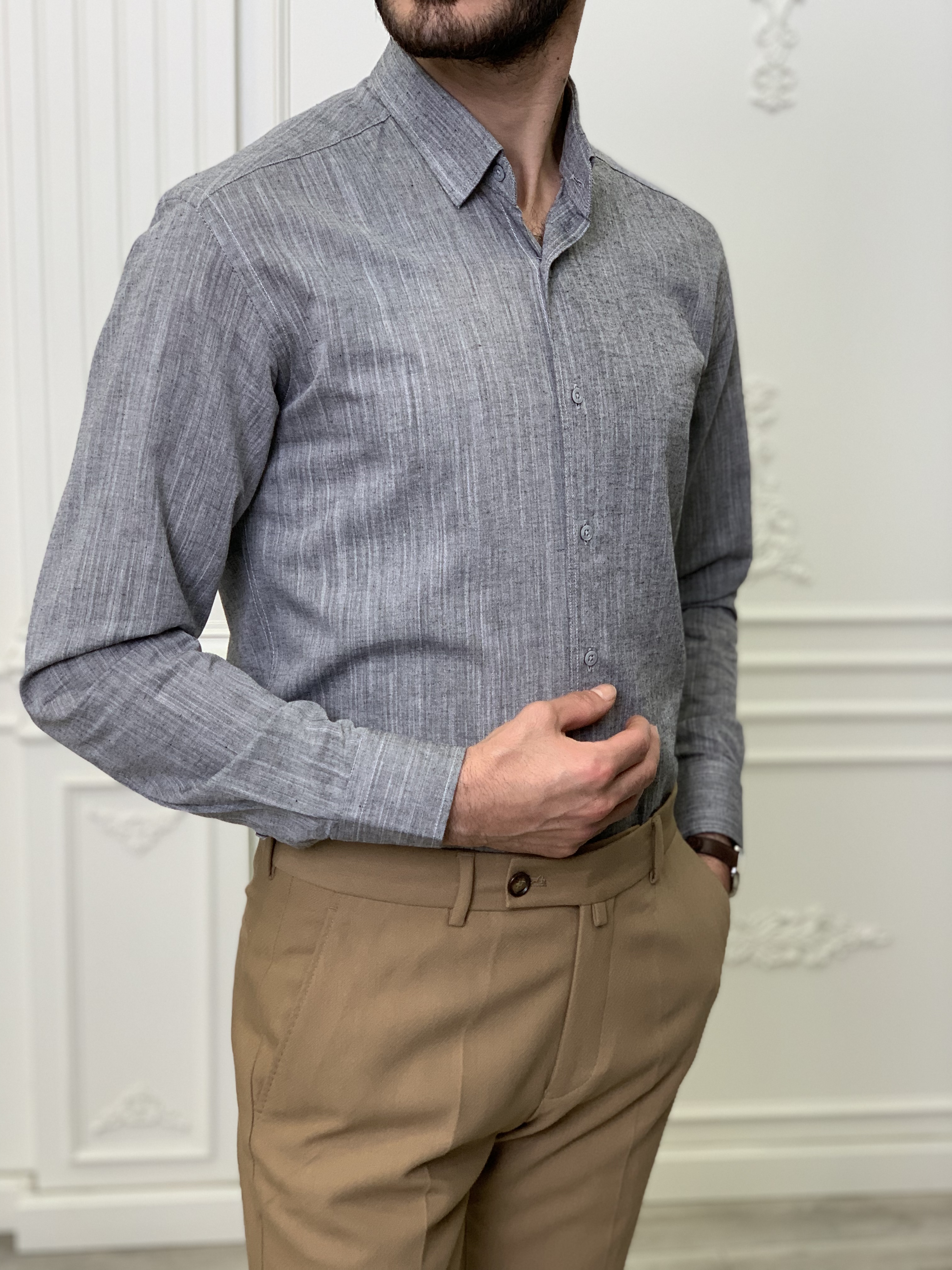 Slim Fit İtalyan Kesim Erkek Gömlek-Gri