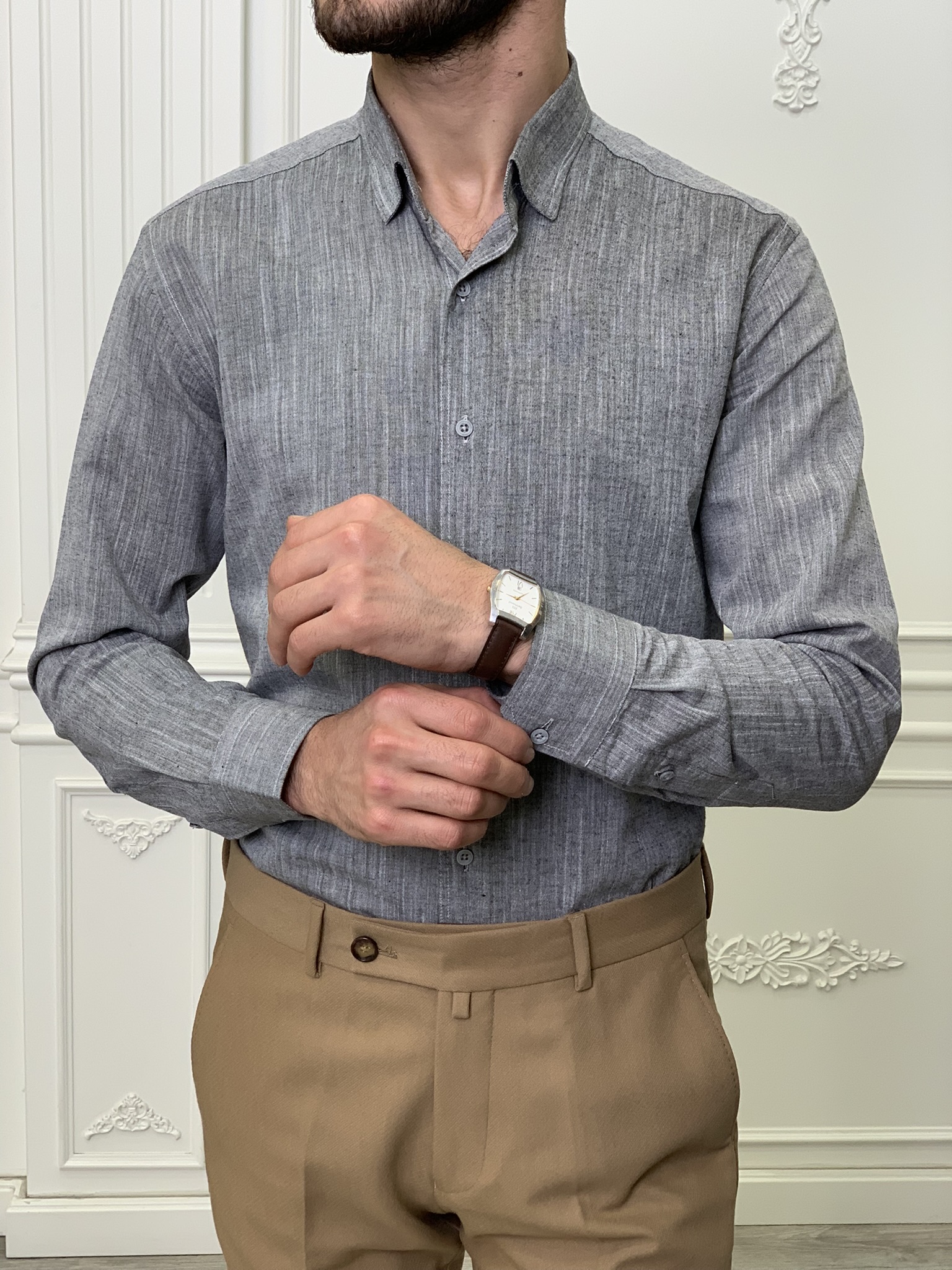 Slim Fit İtalyan Kesim Erkek Gömlek-Gri