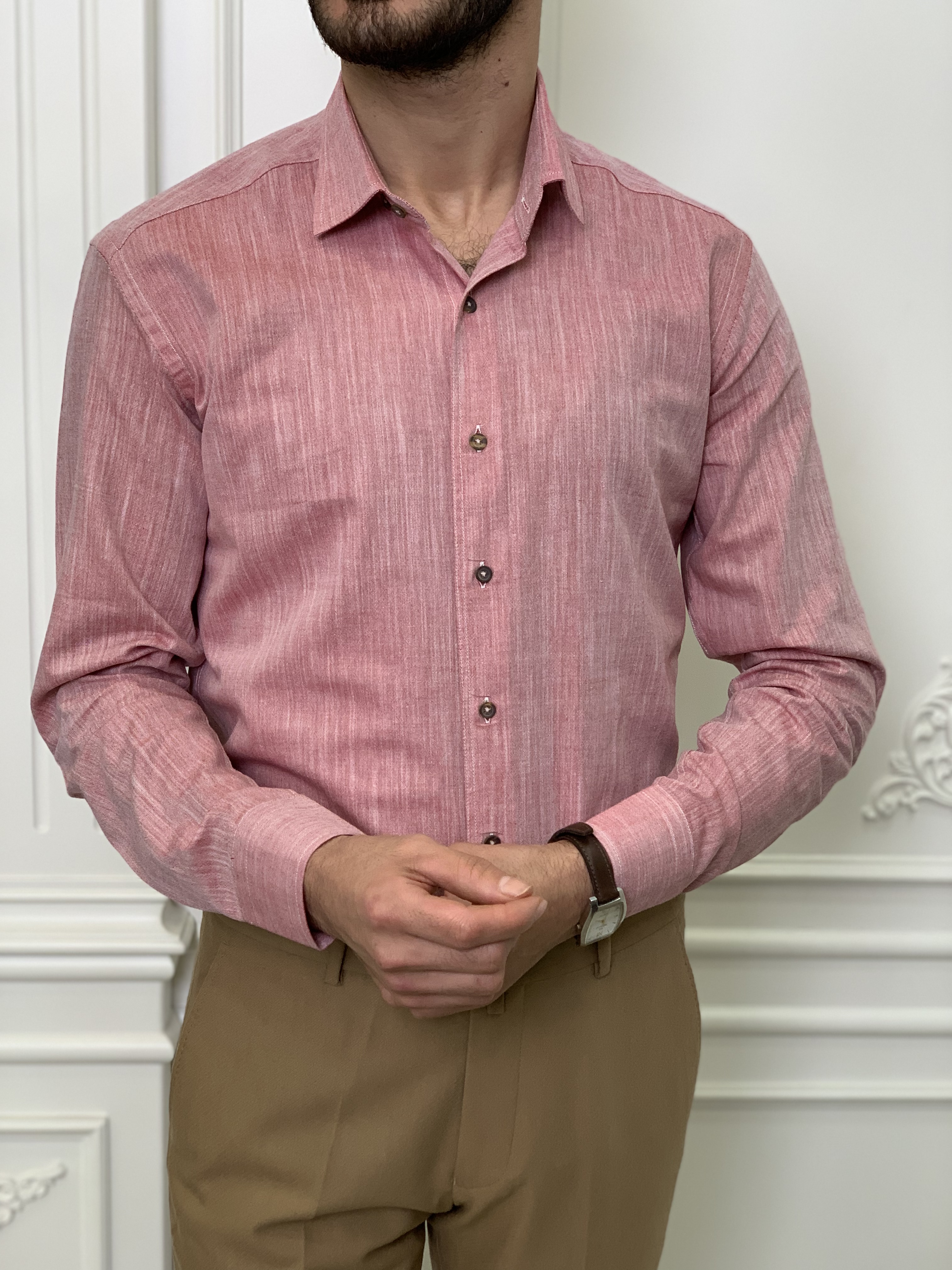 Slim Fit İtalyan Kesim Erkek Gömlek-Gül Kurusu