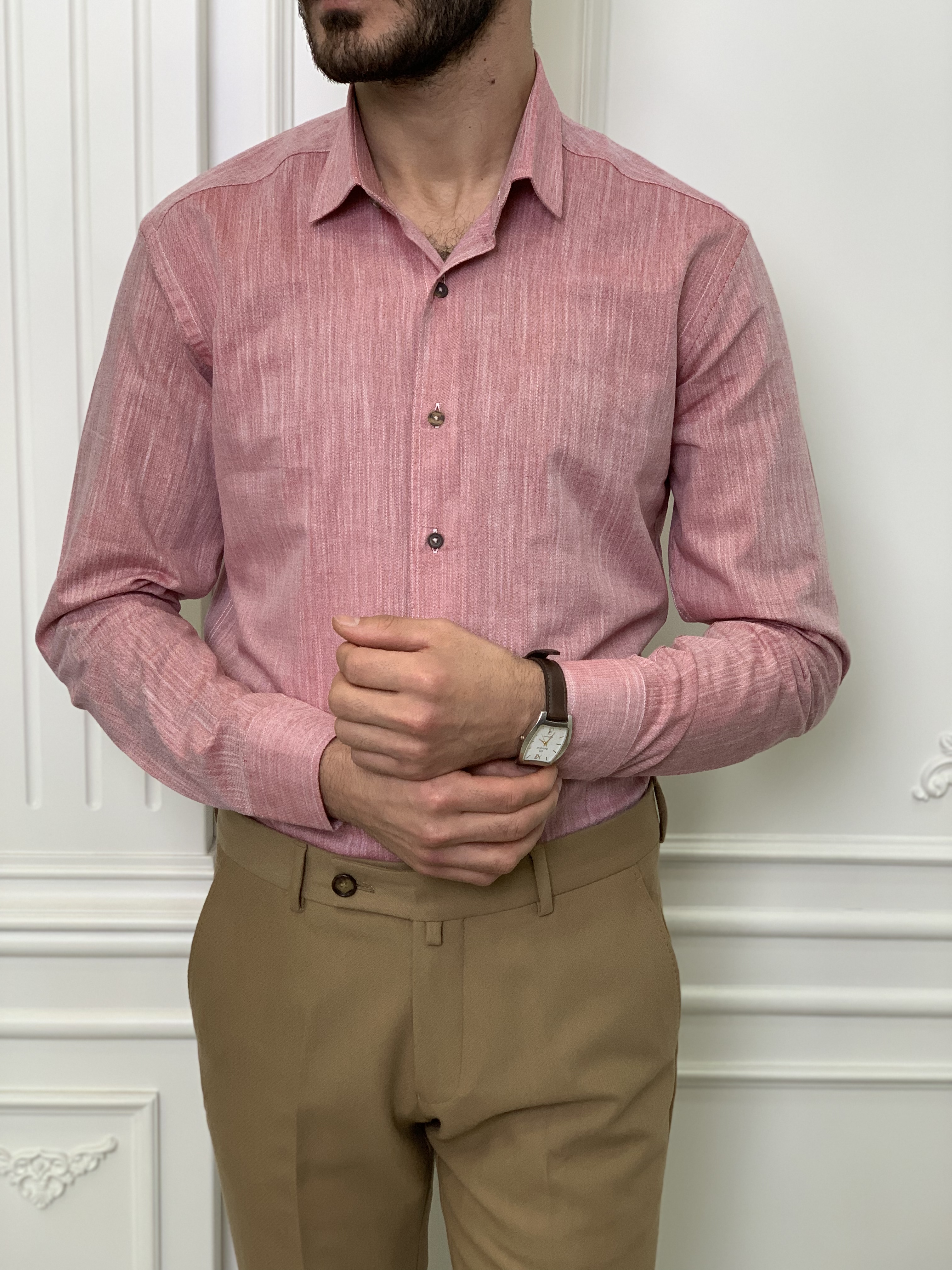 Slim Fit İtalyan Kesim Erkek Gömlek-Gül Kurusu