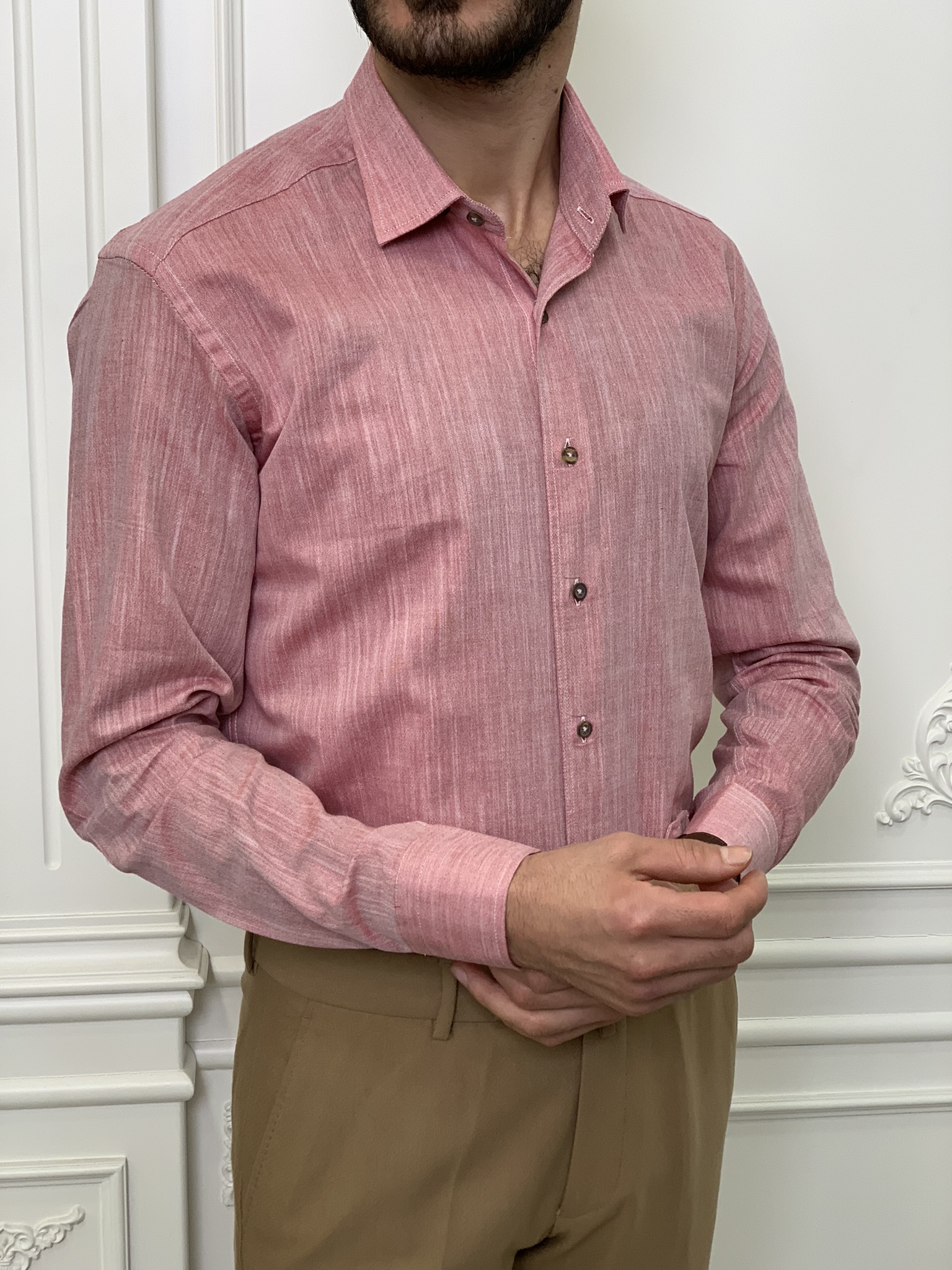 Slim Fit İtalyan Kesim Erkek Gömlek-Gül Kurusu