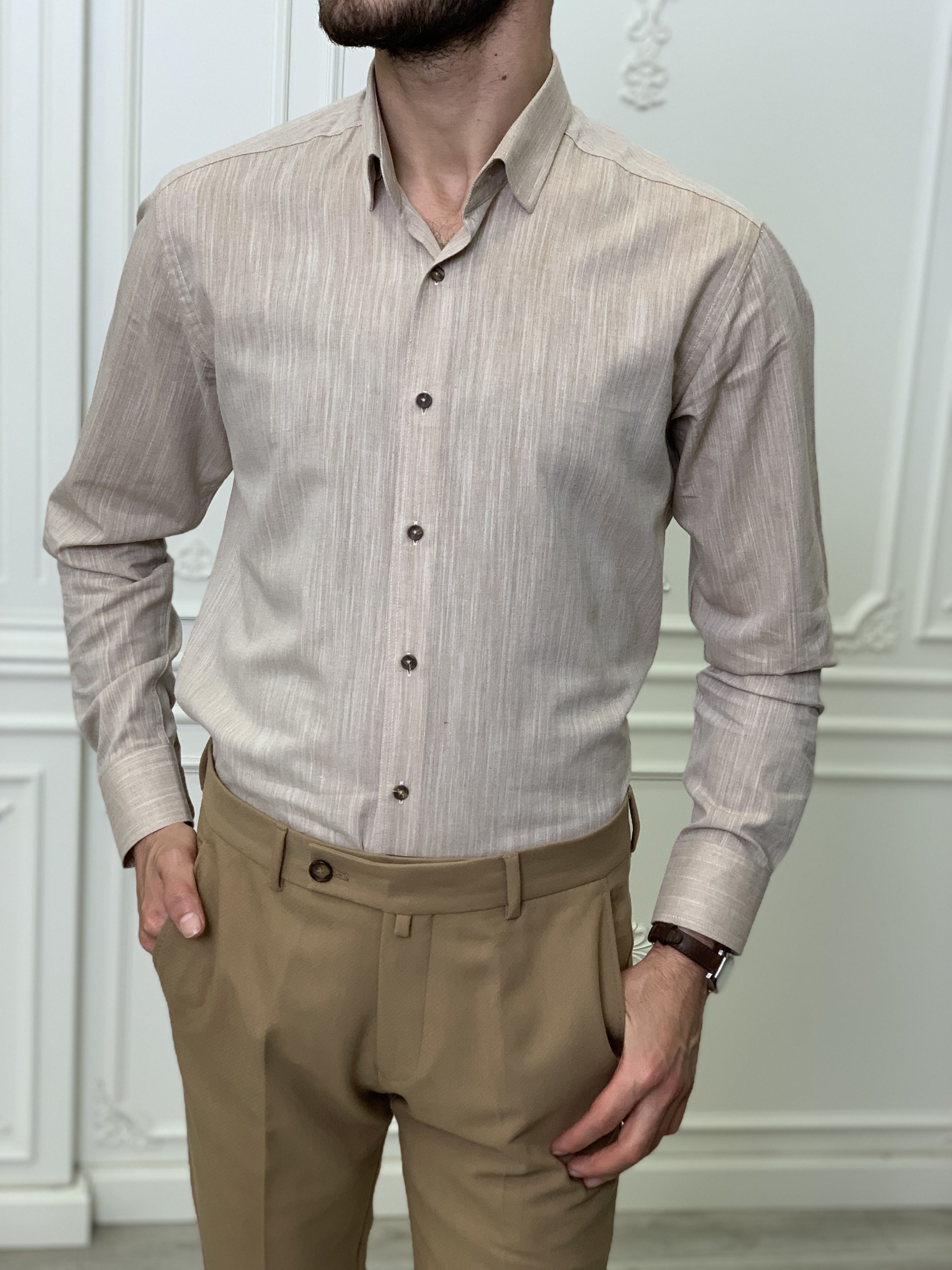 Slim Fit İtalyan Kesim Erkek Gömlek-Kahve