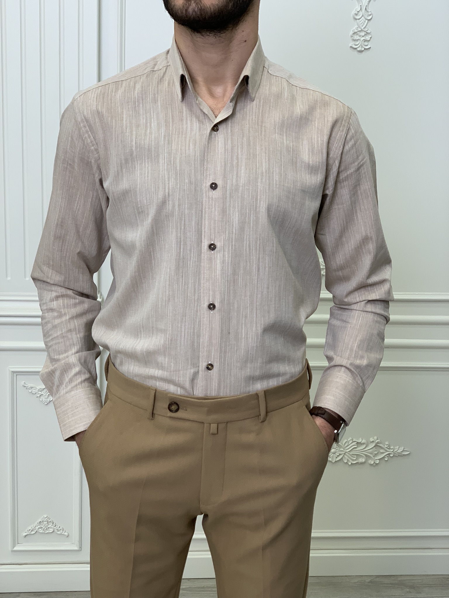 Slim Fit İtalyan Kesim Erkek Gömlek-Kahve