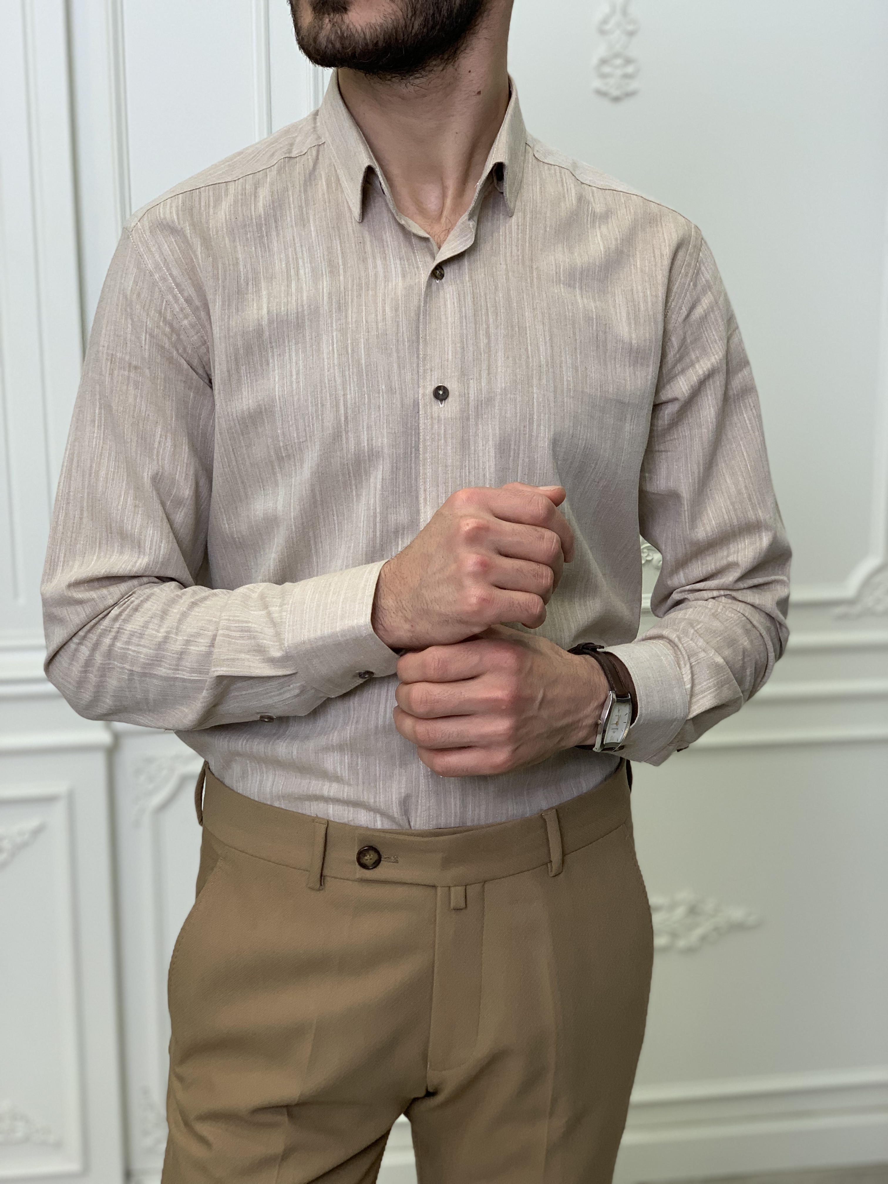 Slim Fit İtalyan Kesim Erkek Gömlek-Kahve