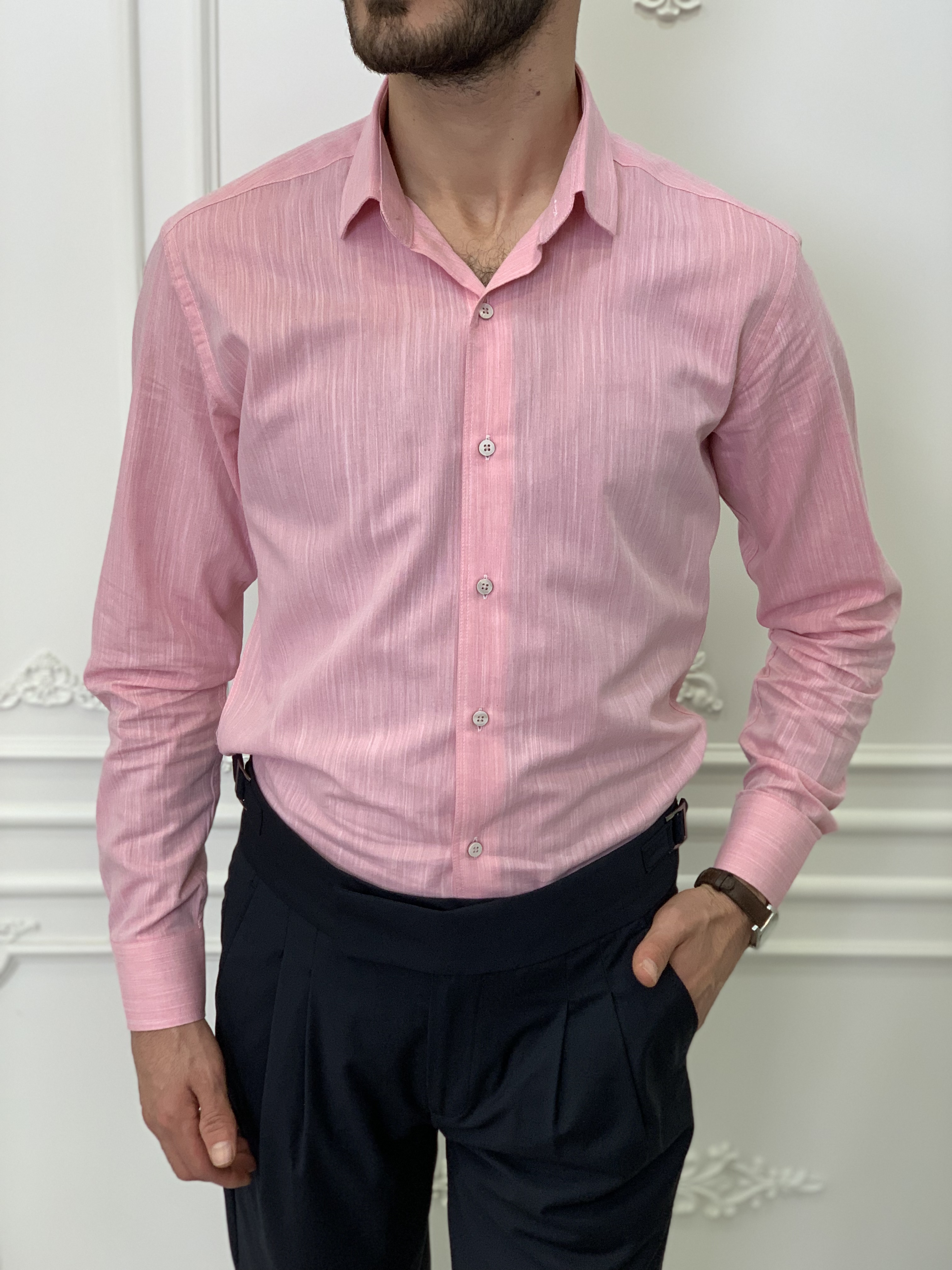 Slim Fit İtalyan Kesim Erkek Gömlek-Pembe