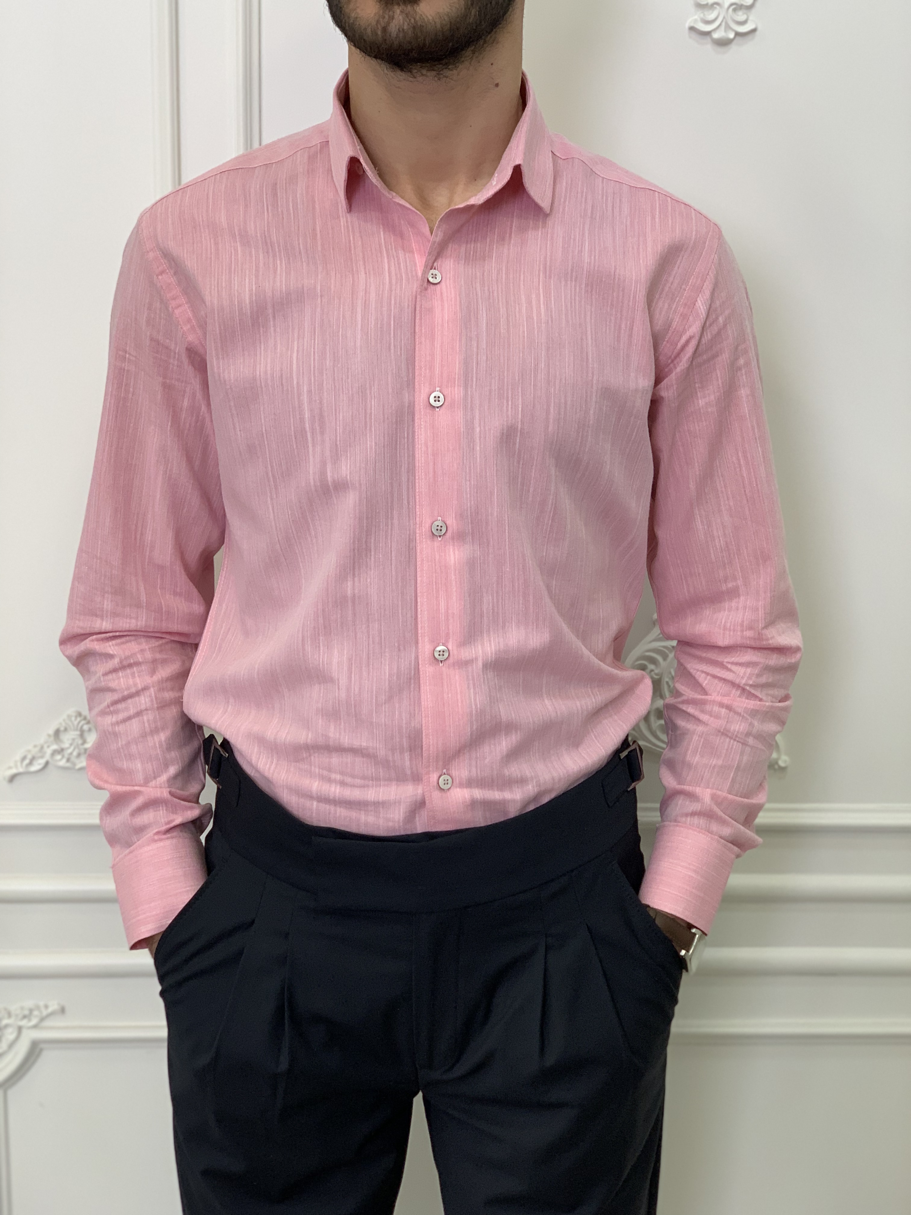 Slim Fit İtalyan Kesim Erkek Gömlek-Pembe