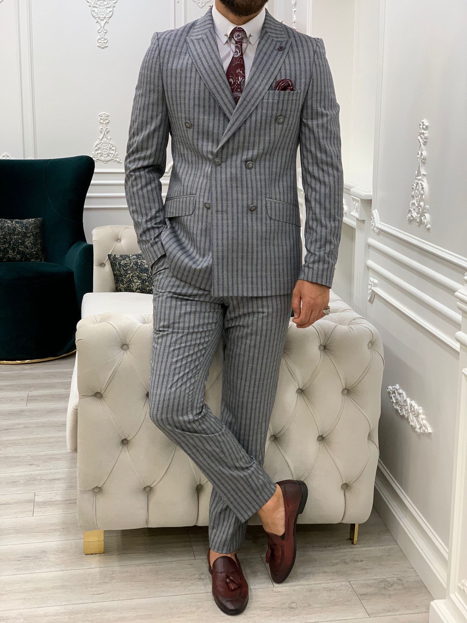 Pantaloni da giacca da abito slim fit doppiopetto - Grigi