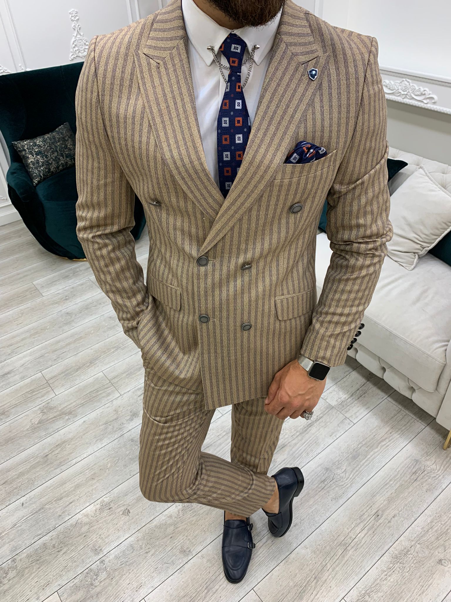 Pantaloni da giacca da abito doppiopetto slim fit - Marrone latte