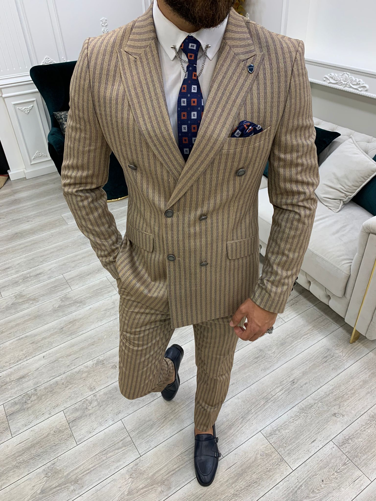 Pantaloni da giacca da abito doppiopetto slim fit - Marrone latte