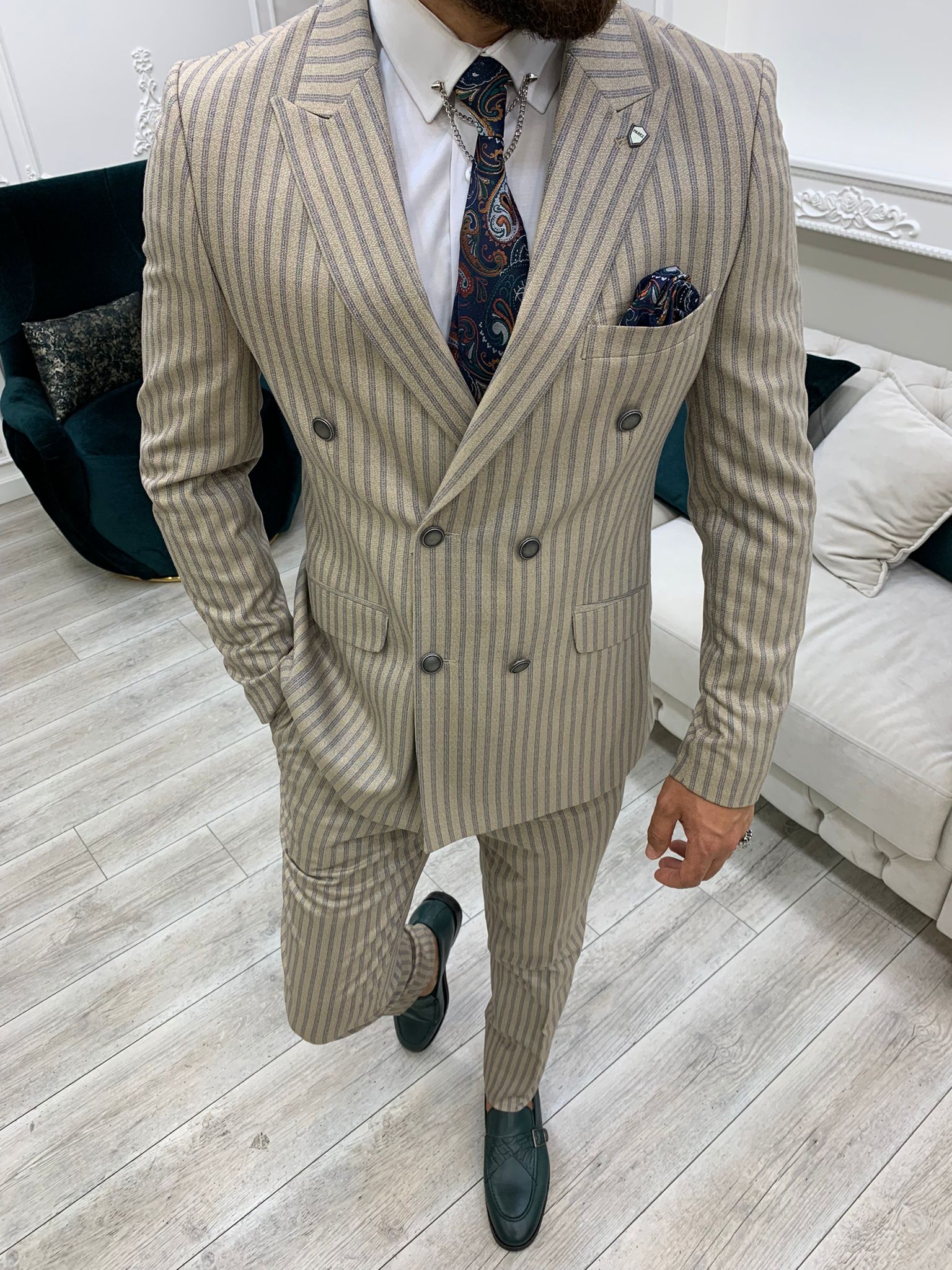Pantaloni giacca da abito doppiopetto slim fit - Crema