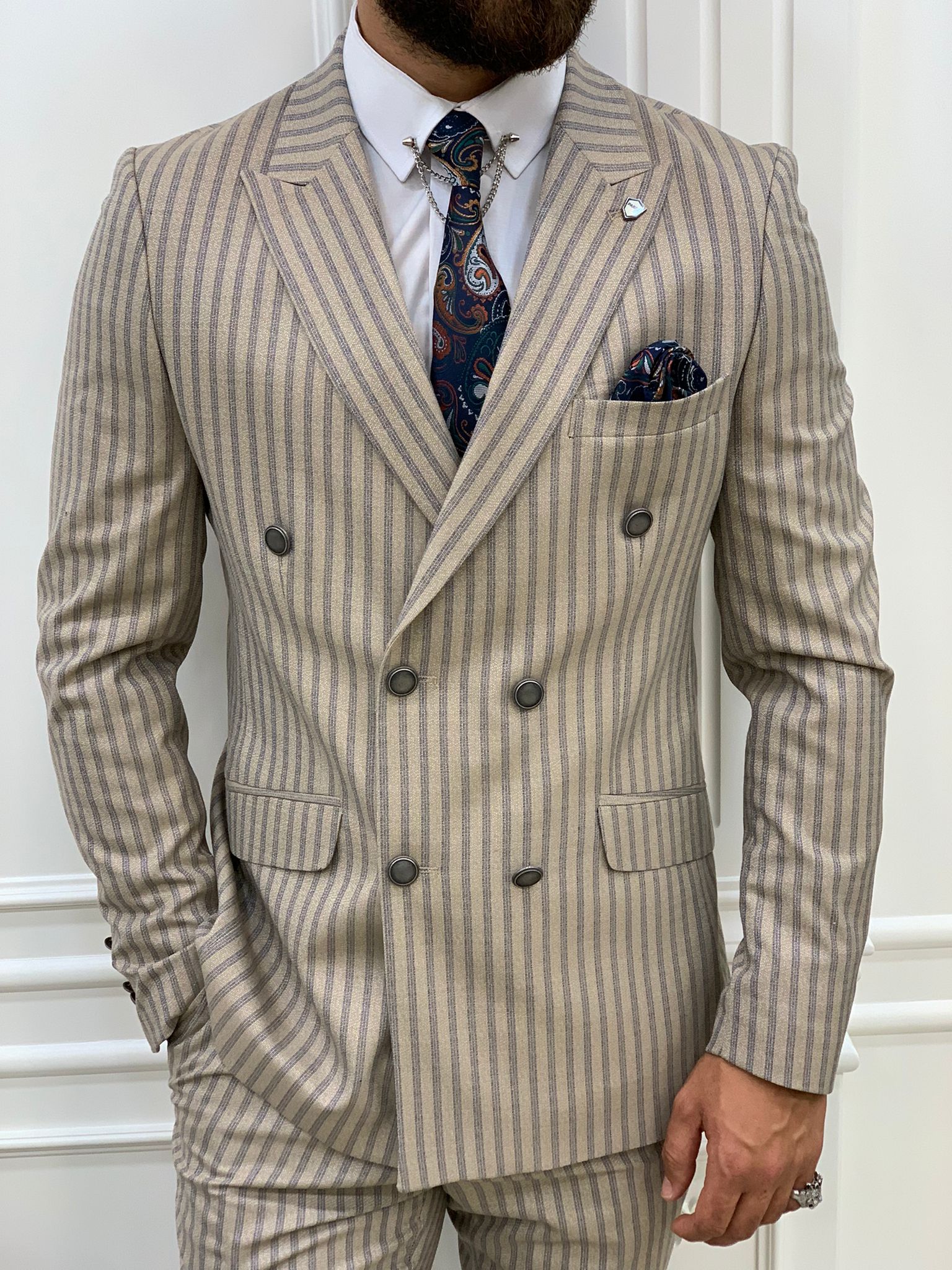 Pantaloni giacca da abito doppiopetto slim fit - Crema