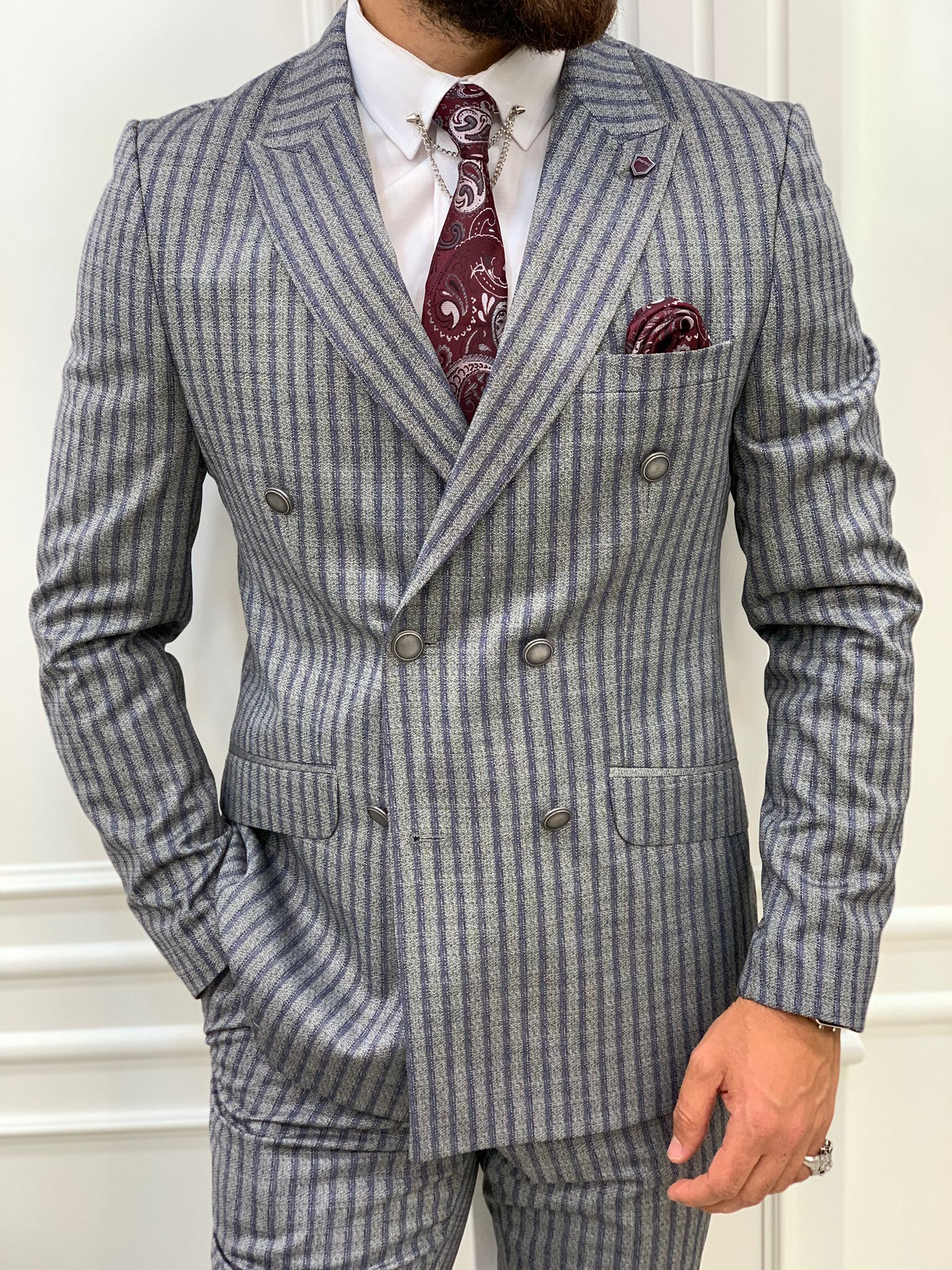 Pantaloni da giacca da abito slim fit doppiopetto - Grigi