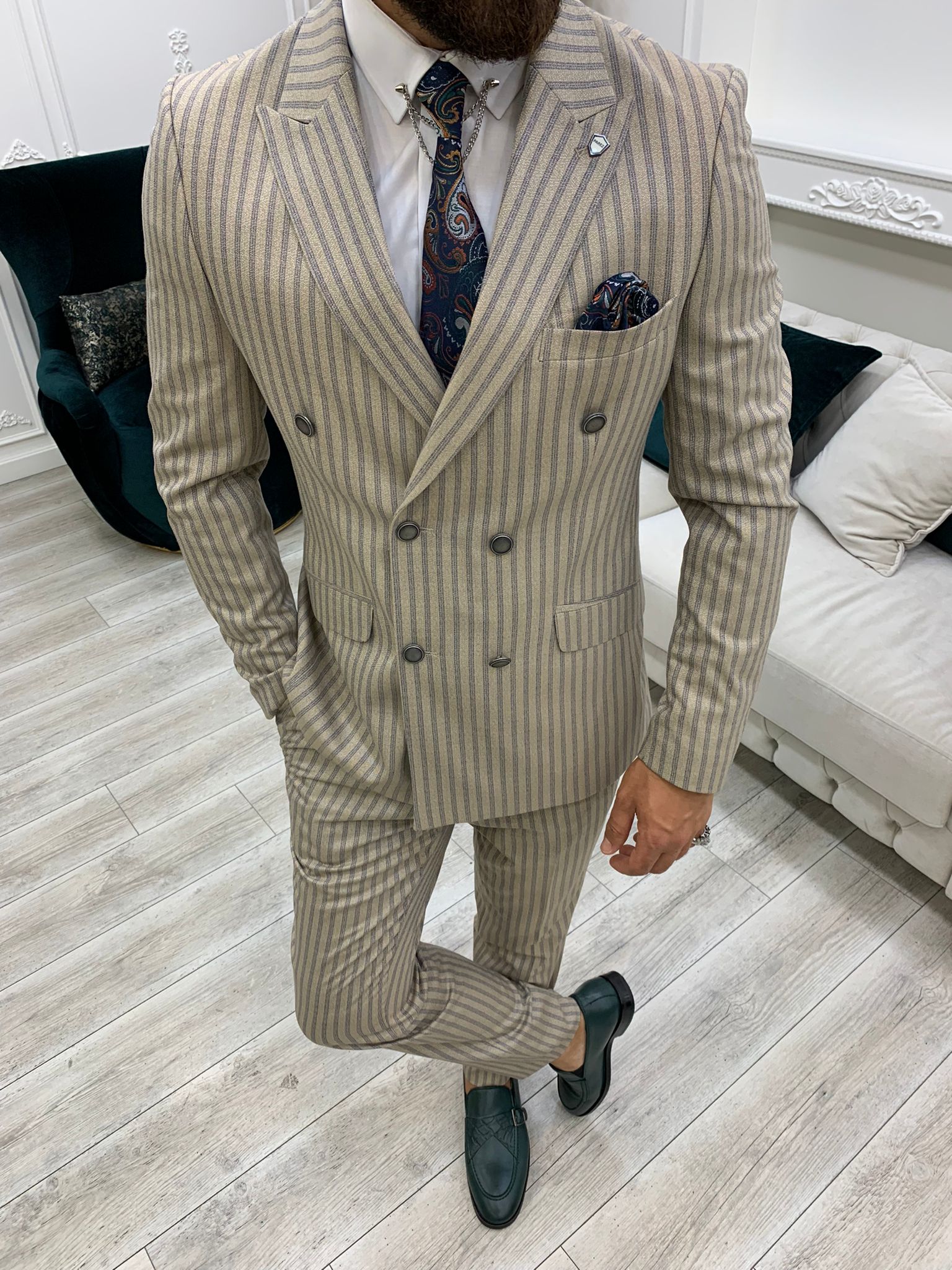 Pantaloni giacca da abito doppiopetto slim fit - Crema