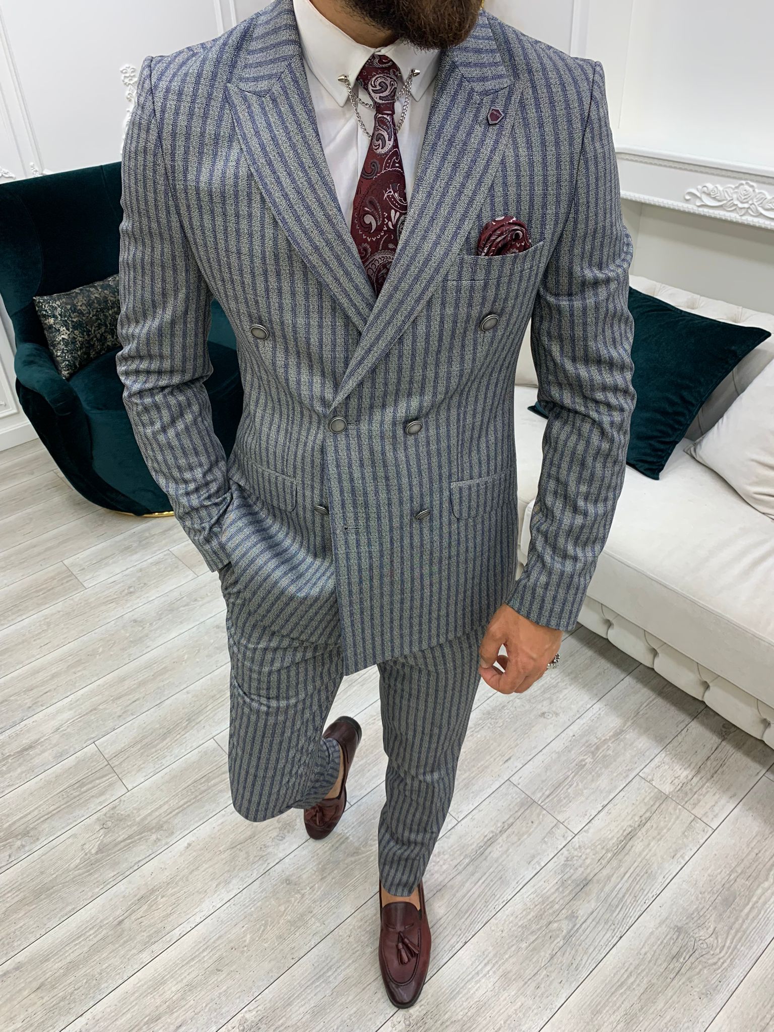 Pantaloni da giacca da abito slim fit doppiopetto - Grigi
