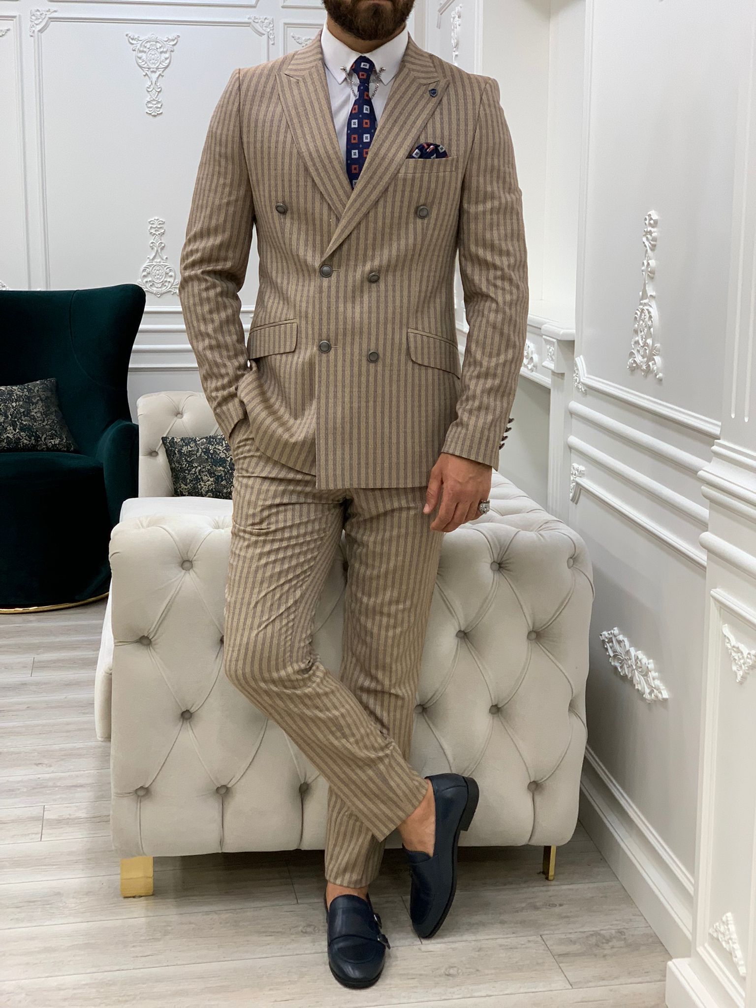 Pantaloni da giacca da abito doppiopetto slim fit - Marrone latte