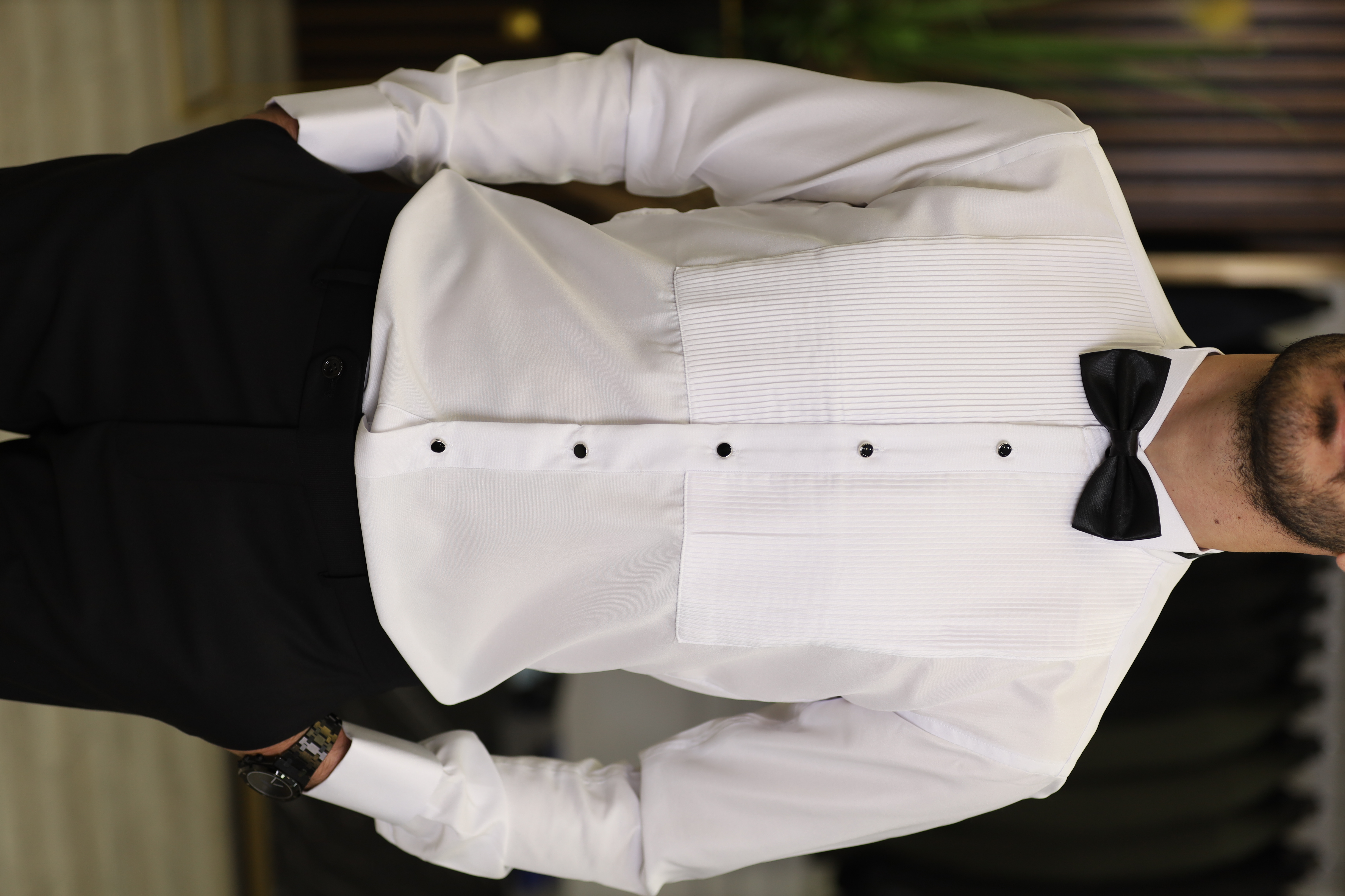 Slim Fit Pliseli Damatlık Gömlek - Beyaz