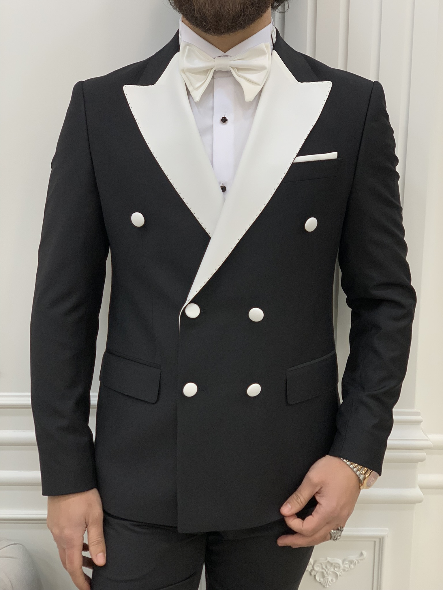Slim Fit Tuxedo Groom Suit Jacket Trousers Bow Tie - White