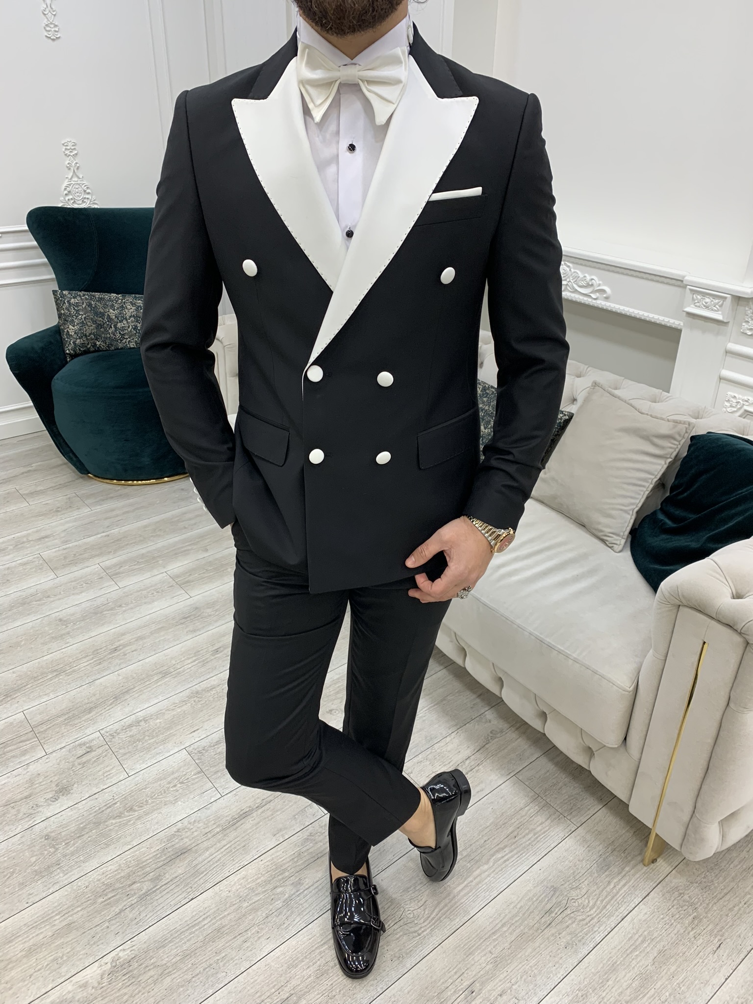 Slim Fit Tuxedo Groom Suit Jacket Trousers Bow Tie - White