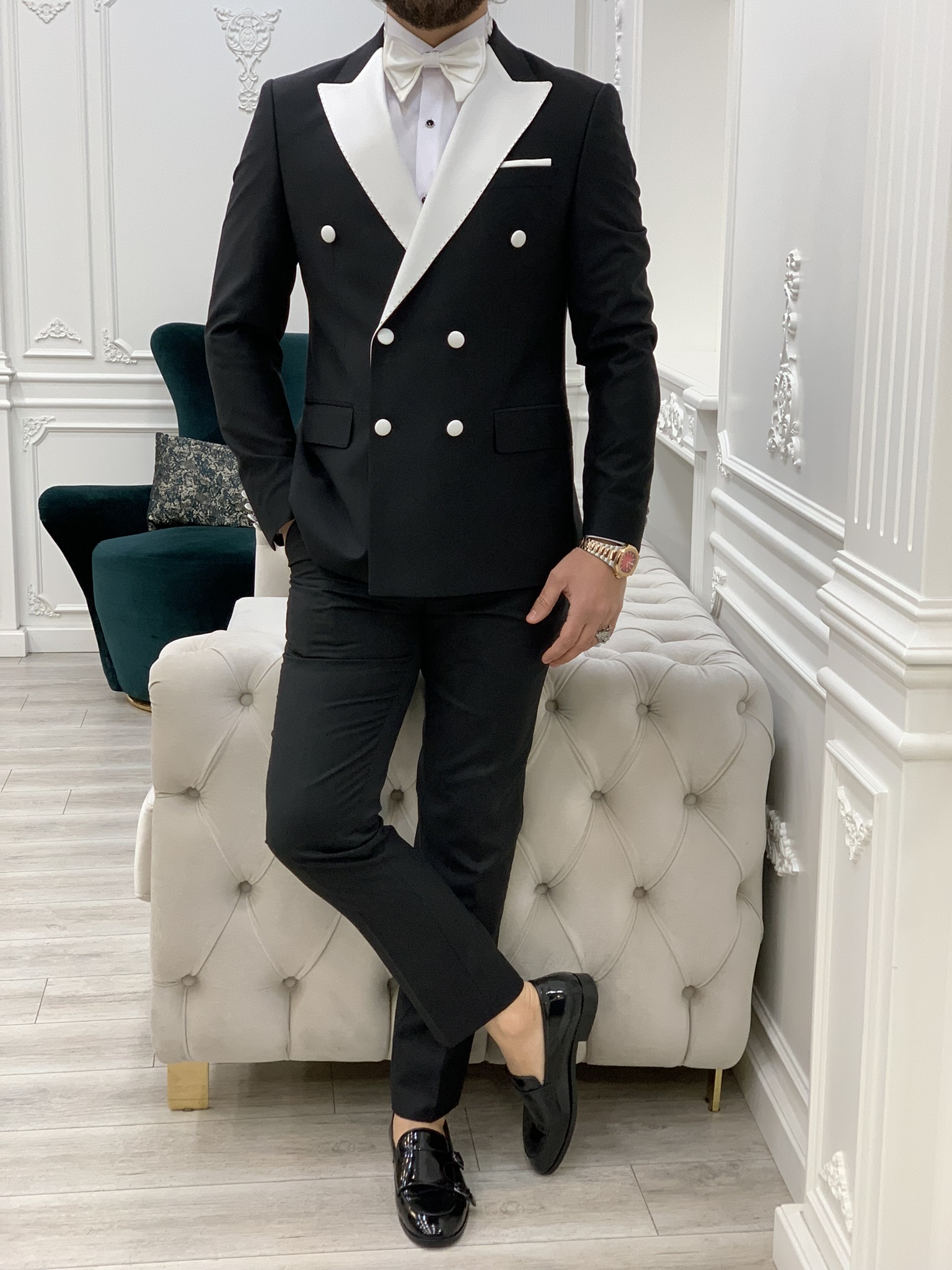 Slim Fit Tuxedo Groom Suit Jacket Trousers Bow Tie - White