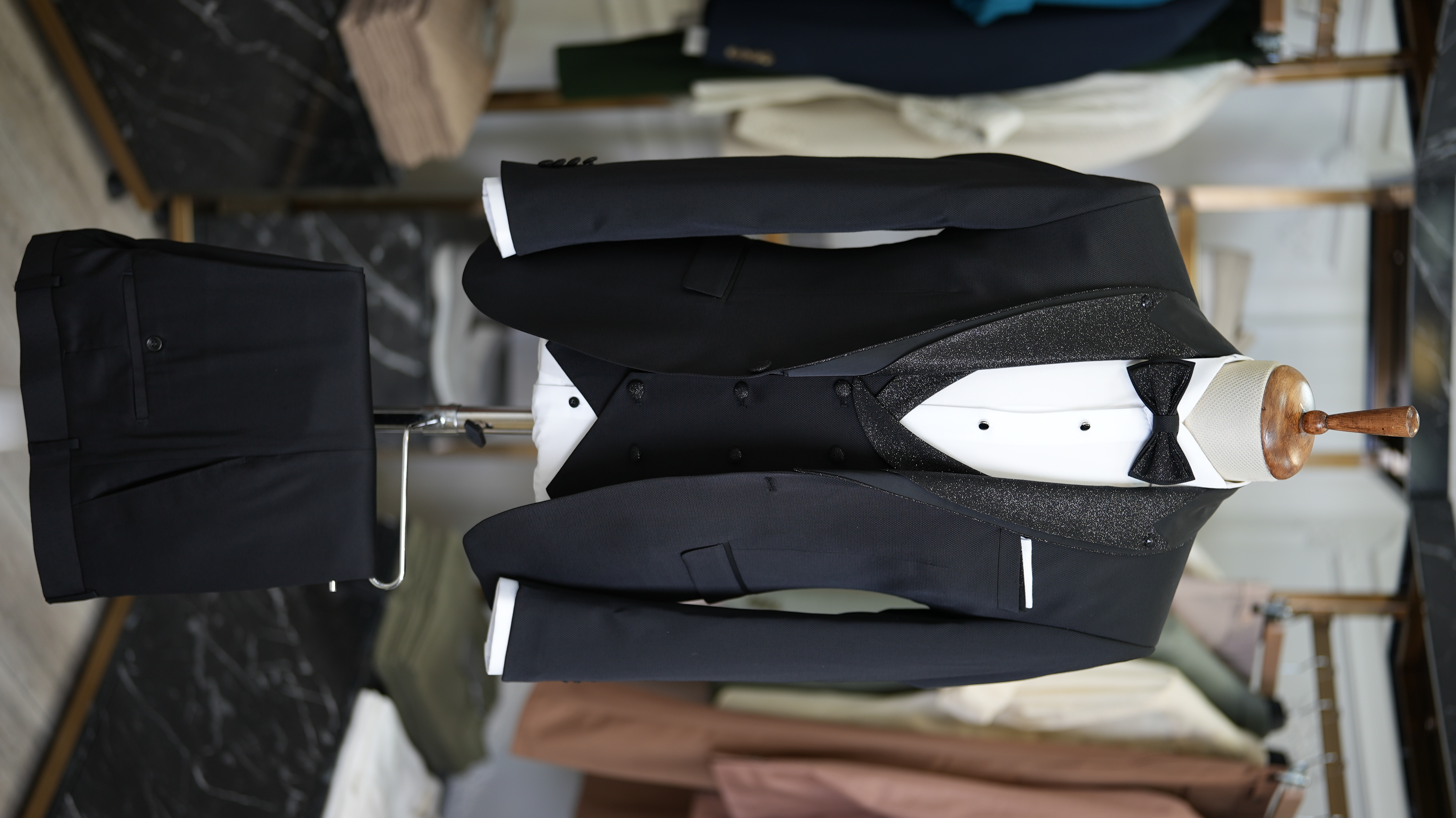 Slim Fit Smokin Damatlık Ceket Yelek Pantolon Papyon - Siyah