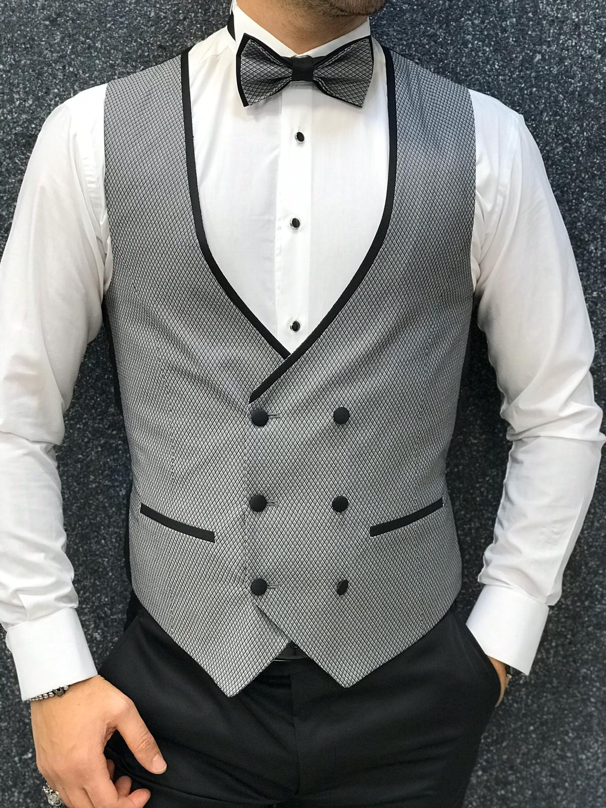 Abito da smoking slim fit, giacca, gilet, pantaloni, papillon - Grigio