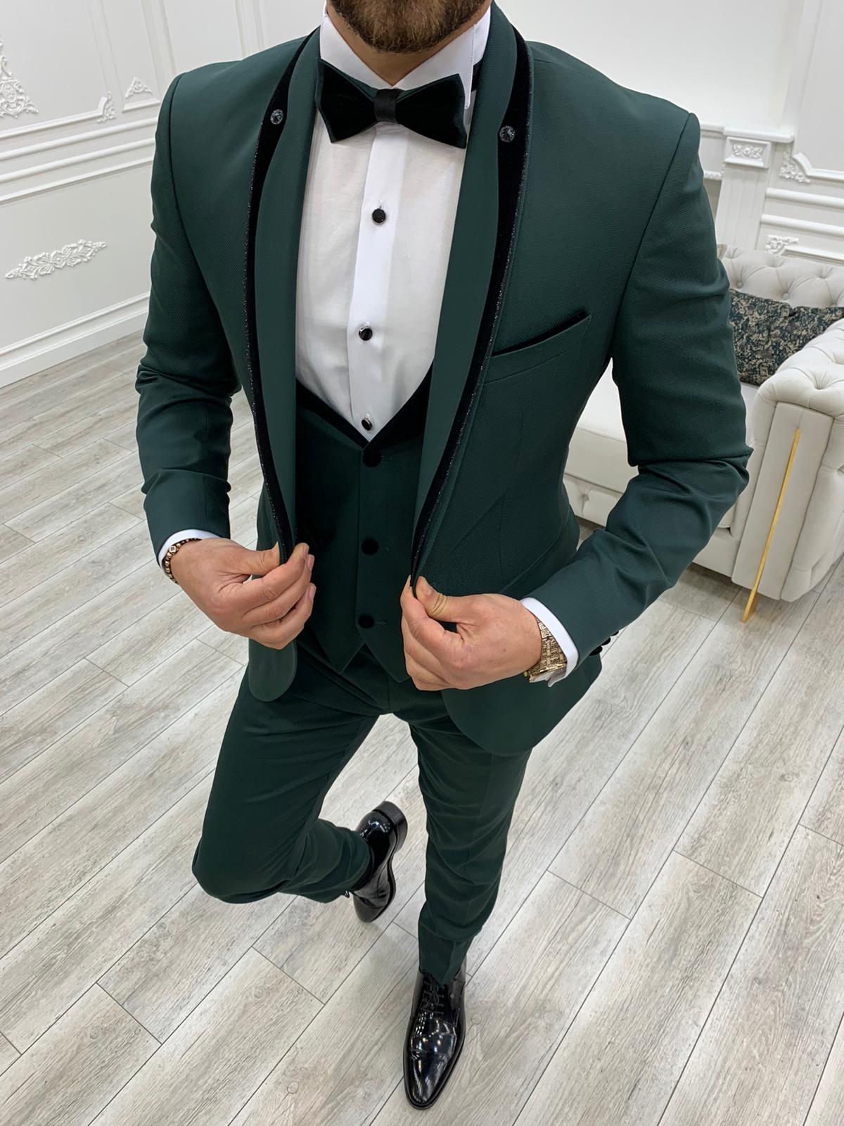 Slim Fit Tuxedo Groom Jacket Vest Trousers Bow Tie - Green