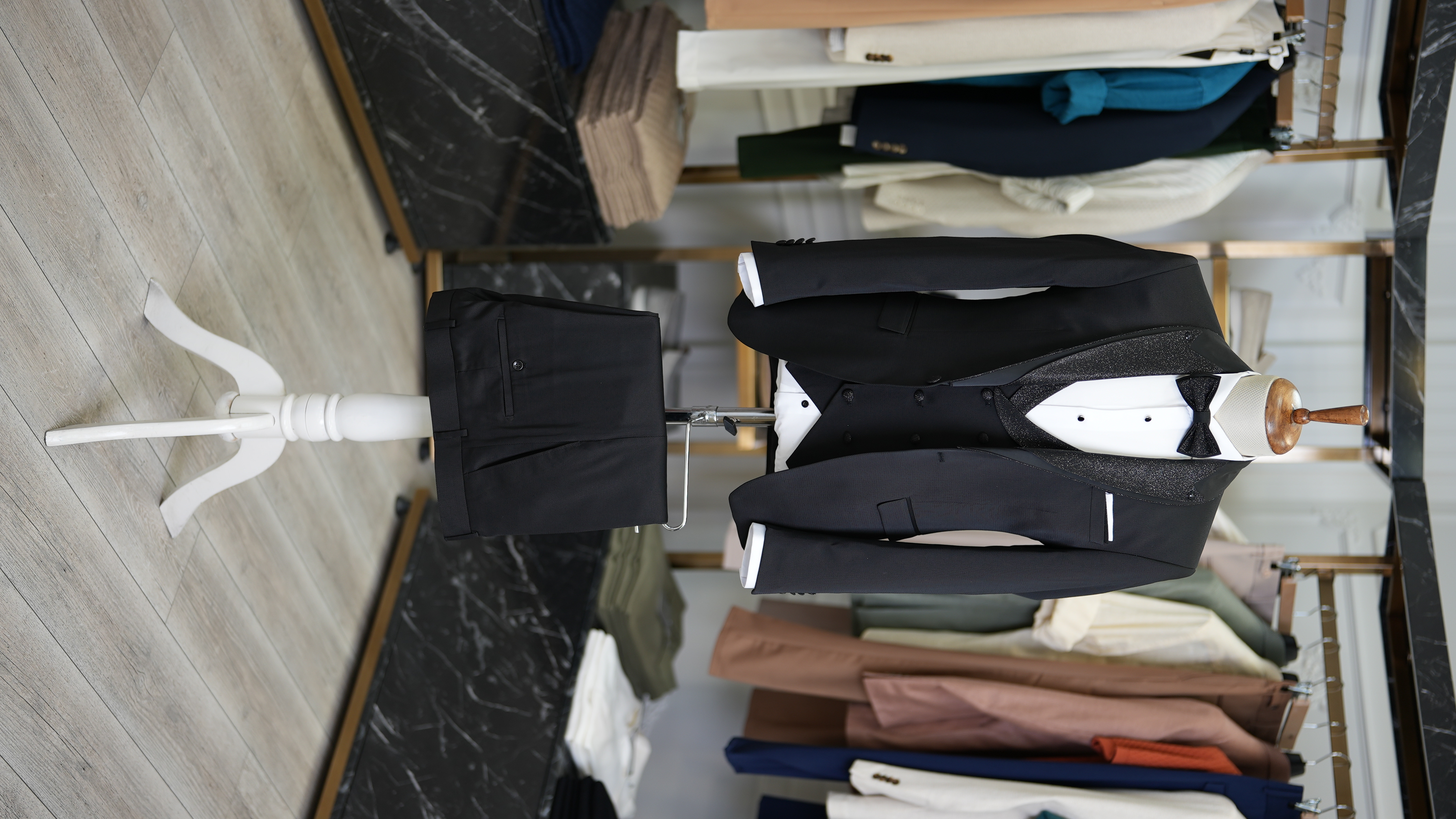 Slim Fit Smokin Damatlık Ceket Yelek Pantolon Papyon - Siyah