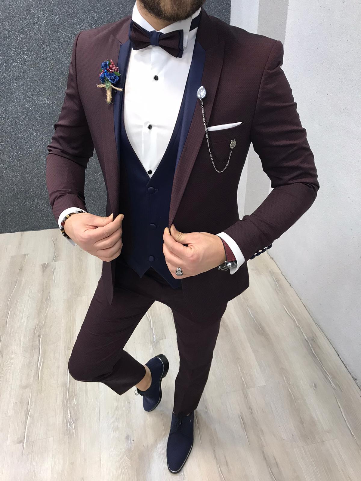 Abito da sposo smoking slim fit giacca gilet pantaloni papillon - rosso bordeaux