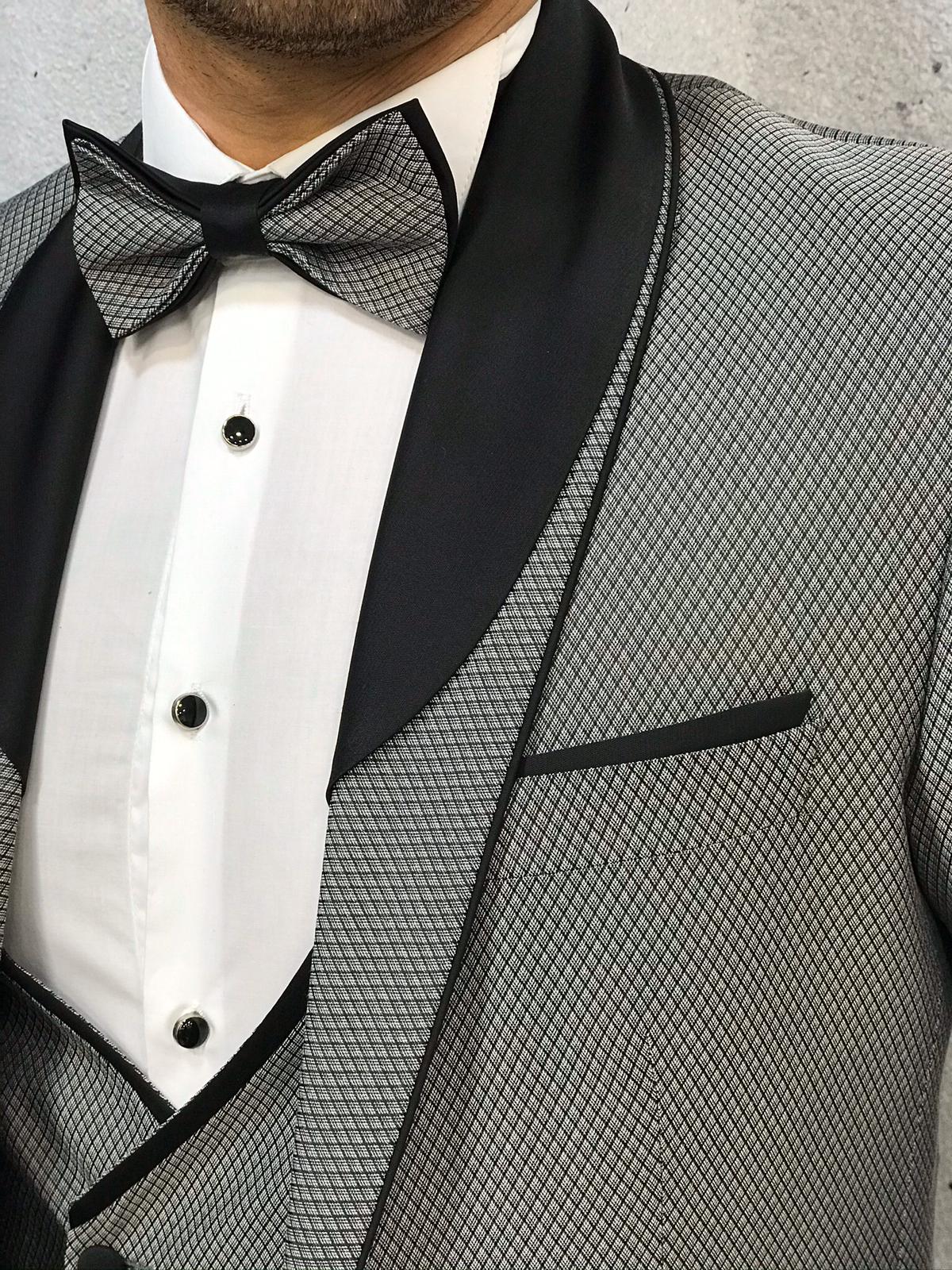 Abito da smoking slim fit, giacca, gilet, pantaloni, papillon - Grigio