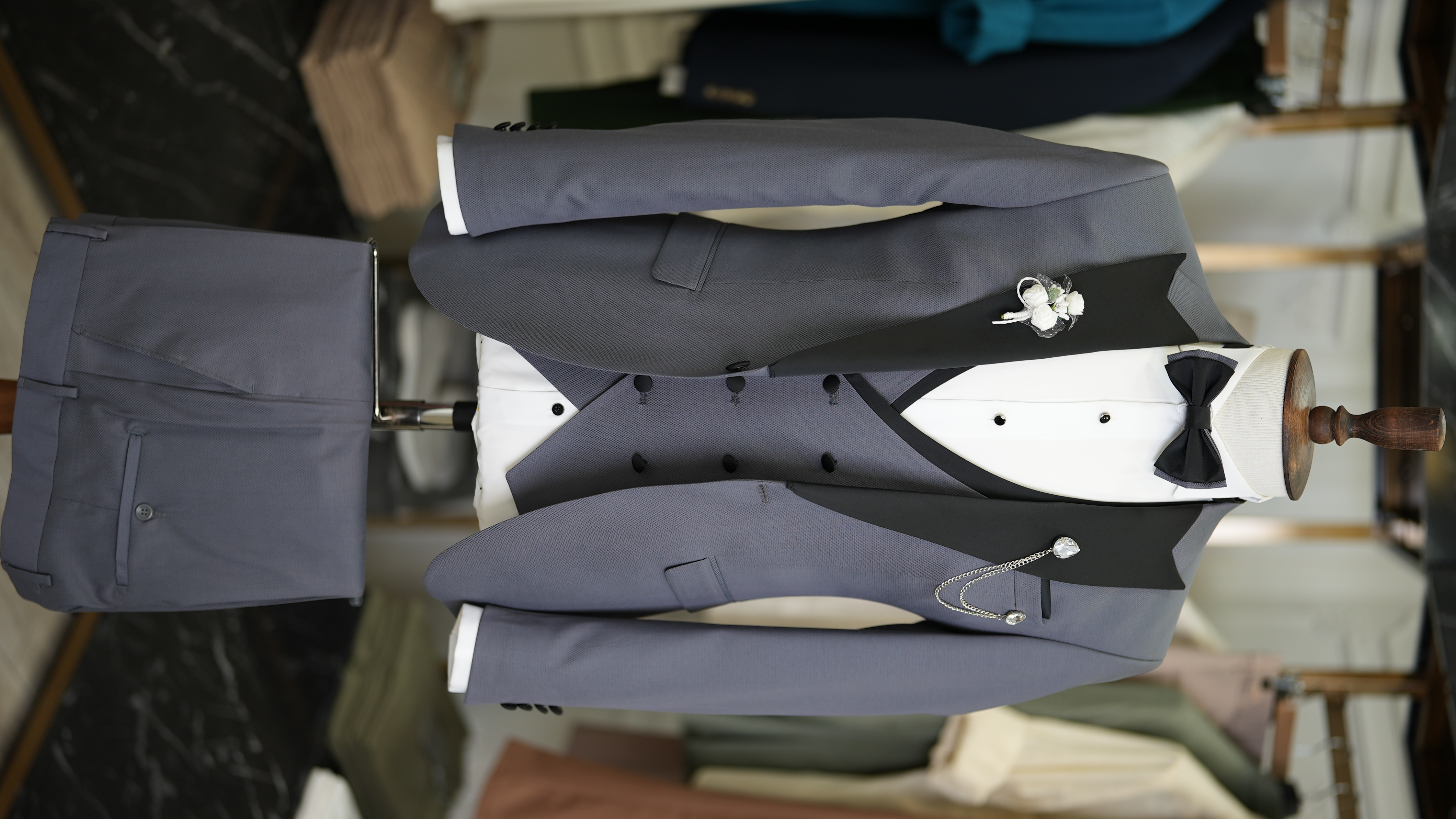Slim Fit Smokin Damatlık Ceket Yelek Pantolon Papyon - Gri