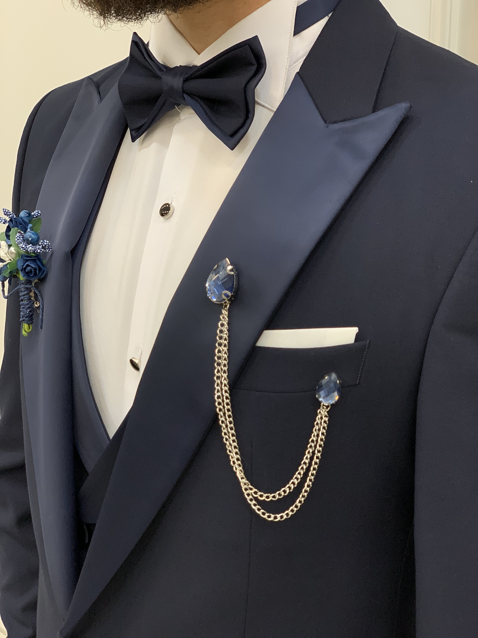 Slim Fit Tuxedo Groom Suit Jacket Vest Trousers Bow Tie - Dark Navy Blue