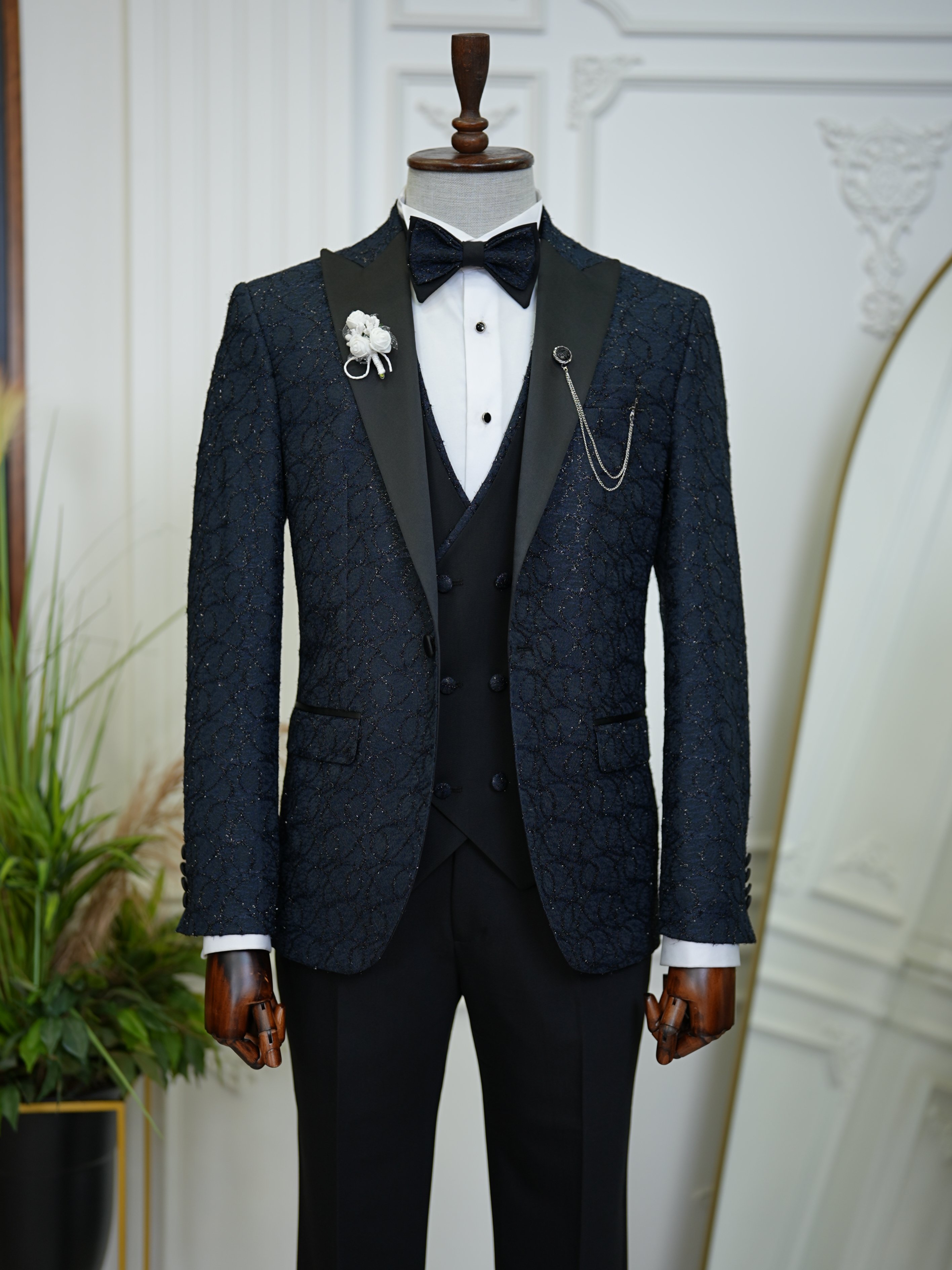 Abito da smoking da sposo slim fit, giacca, gilet, pantaloni, papillon - Blu navy