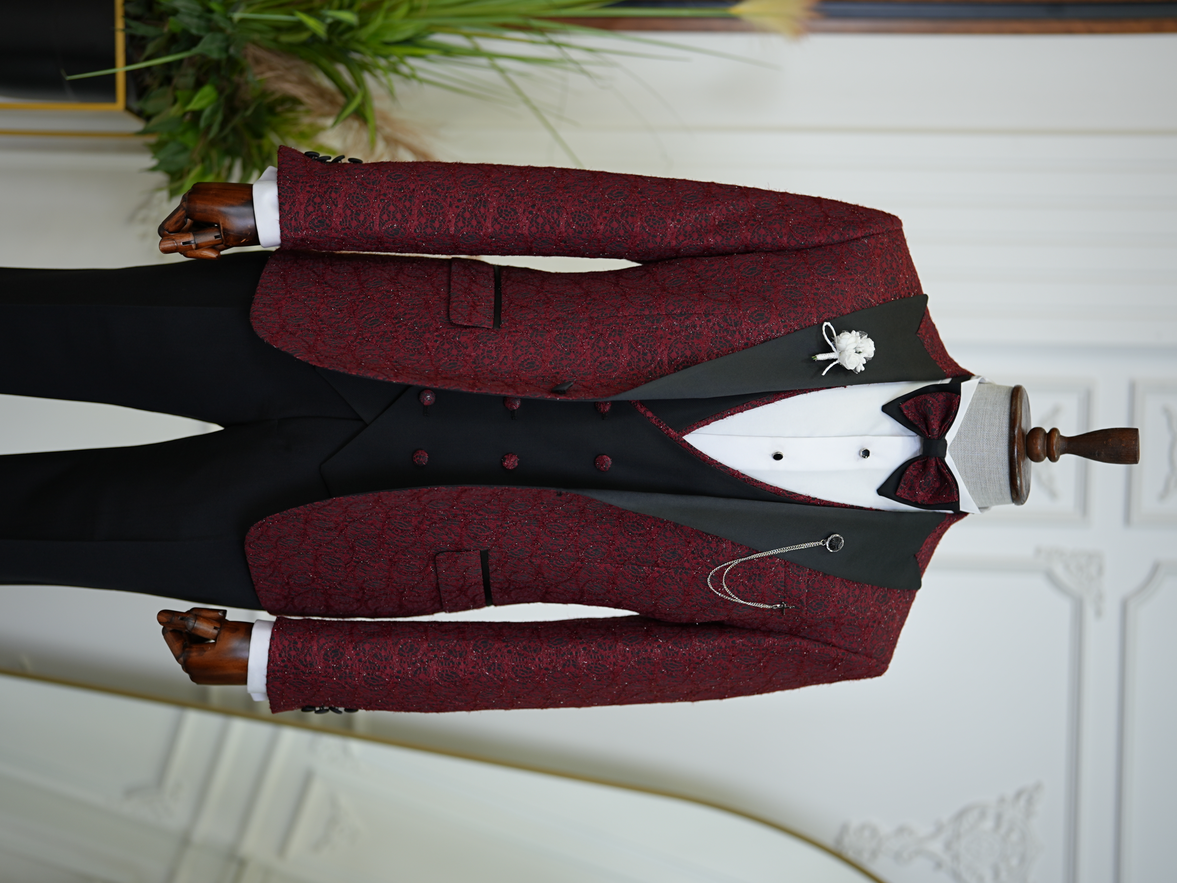 Abito da sposo smoking slim fit giacca gilet pantaloni papillon - rosso bordeaux