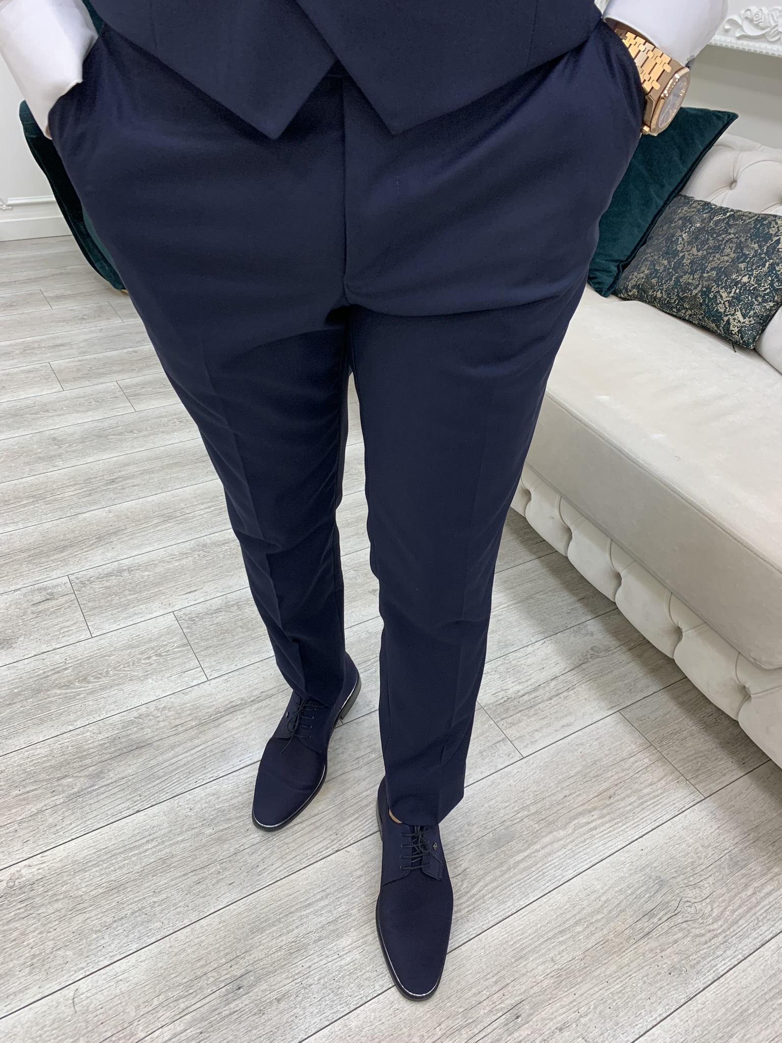 Slim Fit Tuxedo Groom Suit Jacket Vest Trousers Bow Tie - Dark Navy Blue