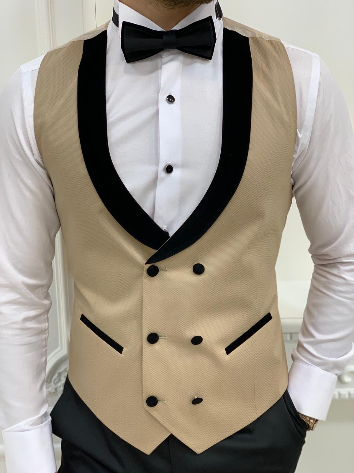 Slim Fit Tuxedo Groom Suit Jacket Vest Trousers Bow Tie - Cream