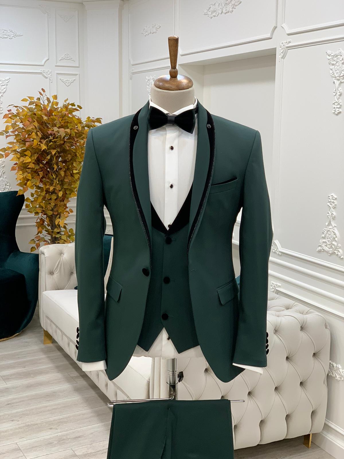 Slim Fit Tuxedo Groom Jacket Vest Trousers Bow Tie - Green
