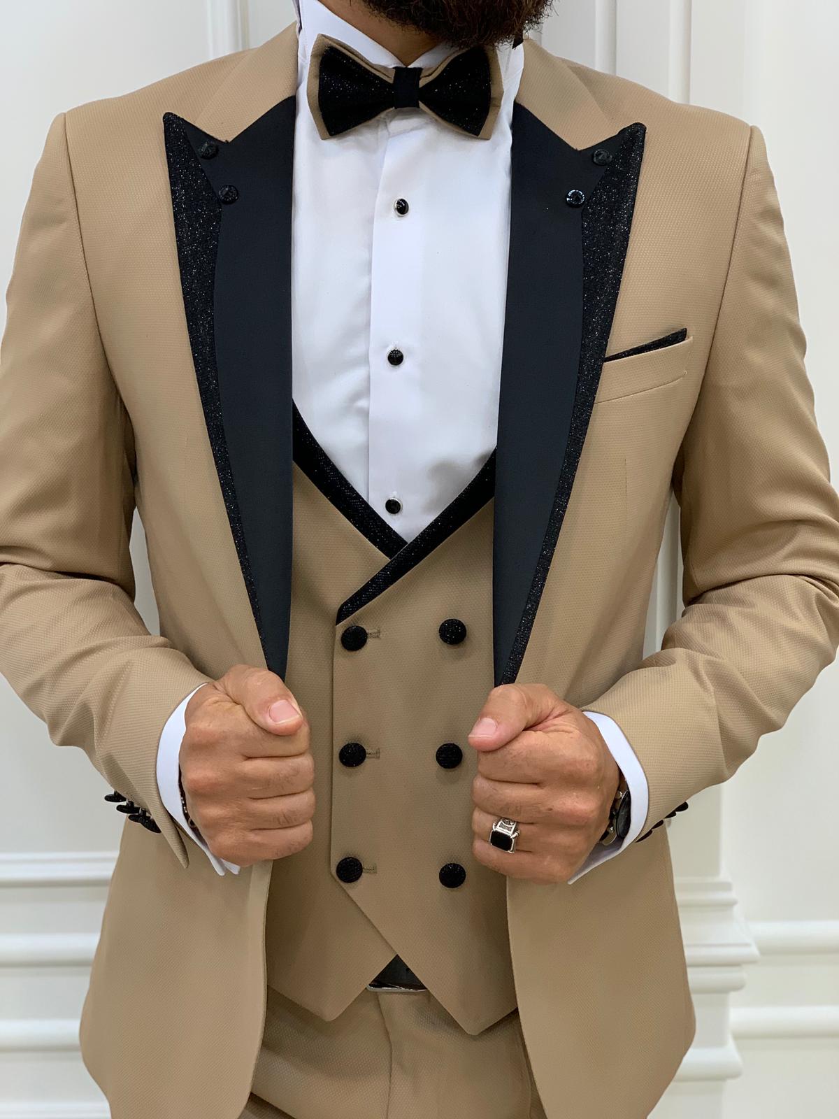 Slim Fit Smokin Damatlık Ceket Yelek Pantolon Papyon - Krem