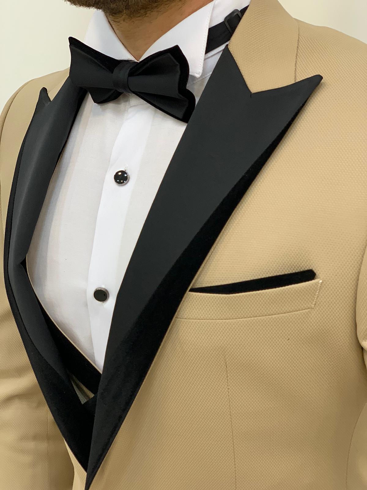 Slim Fit Tuxedo Groom Suit Jacket Vest Trousers Bow Tie - Cream