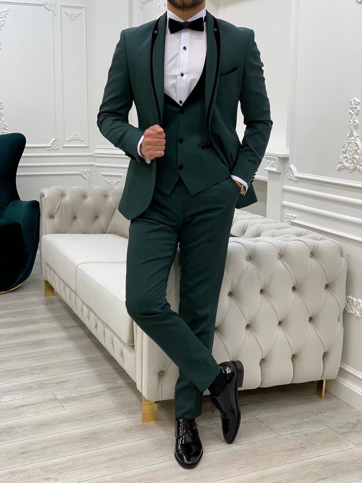Slim Fit Tuxedo Groom Jacket Vest Trousers Bow Tie - Green