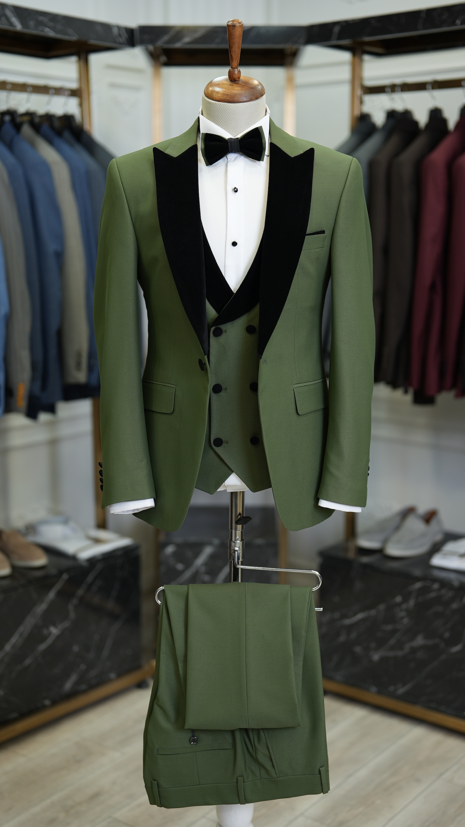Giacca da smoking da sposo slim fit, gilet, pantaloni, papillon - Verde