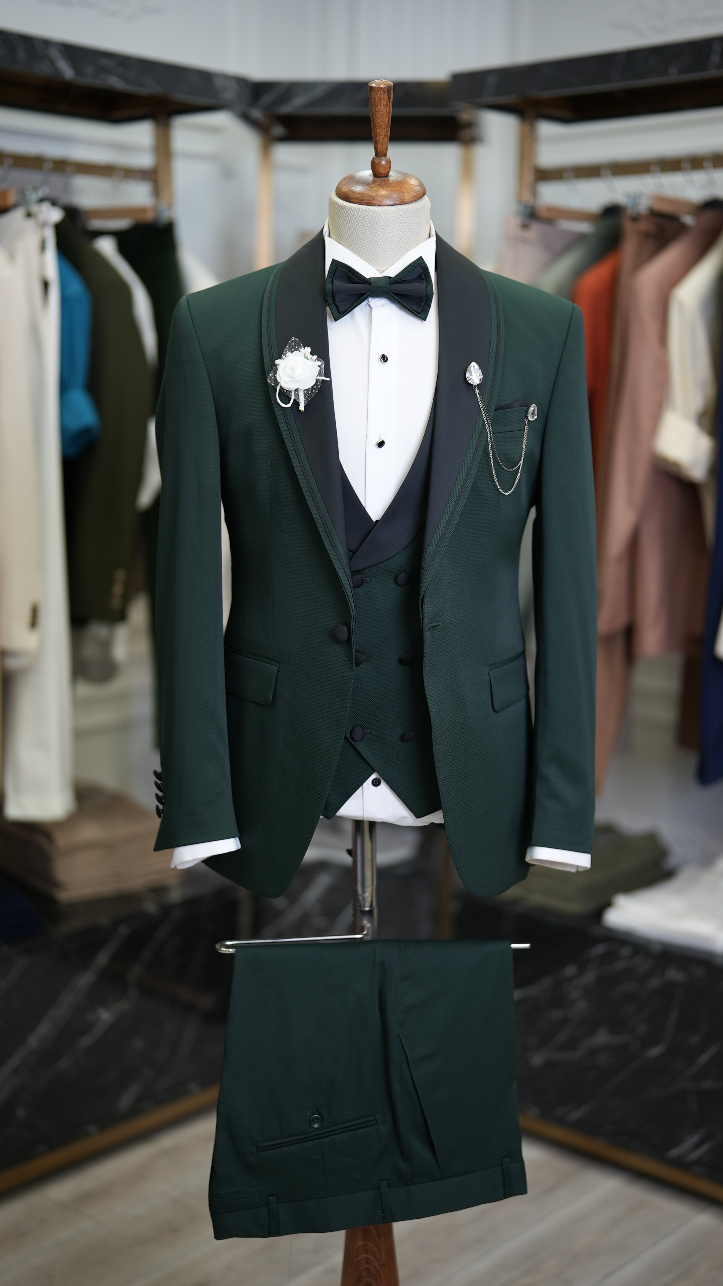 Giacca da smoking da sposo slim fit, gilet, pantaloni, papillon - Verde